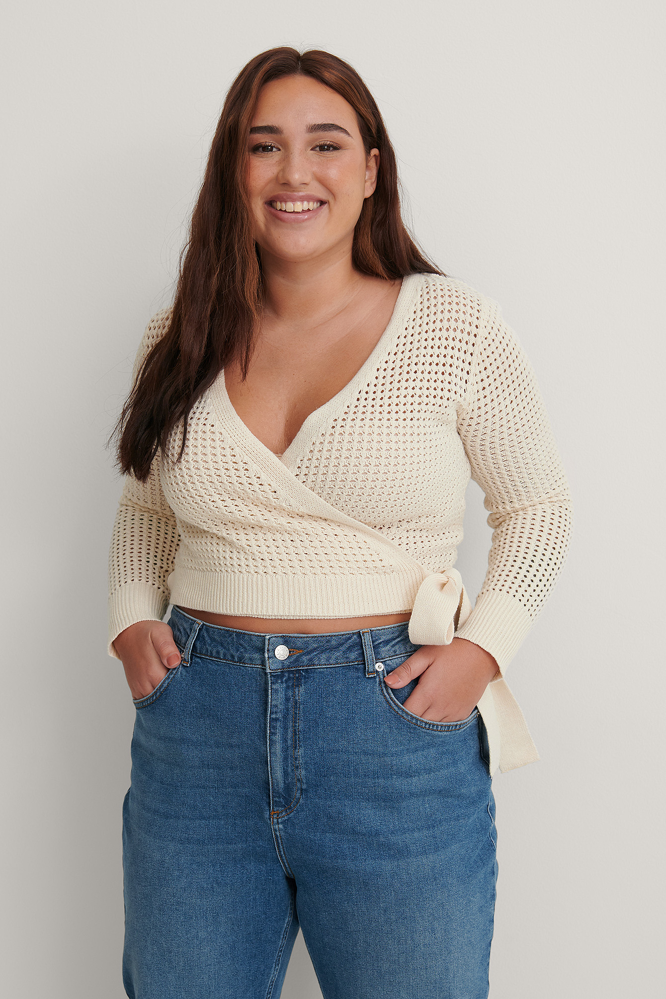 Light Beige Pull En Maille À Trous Superposés