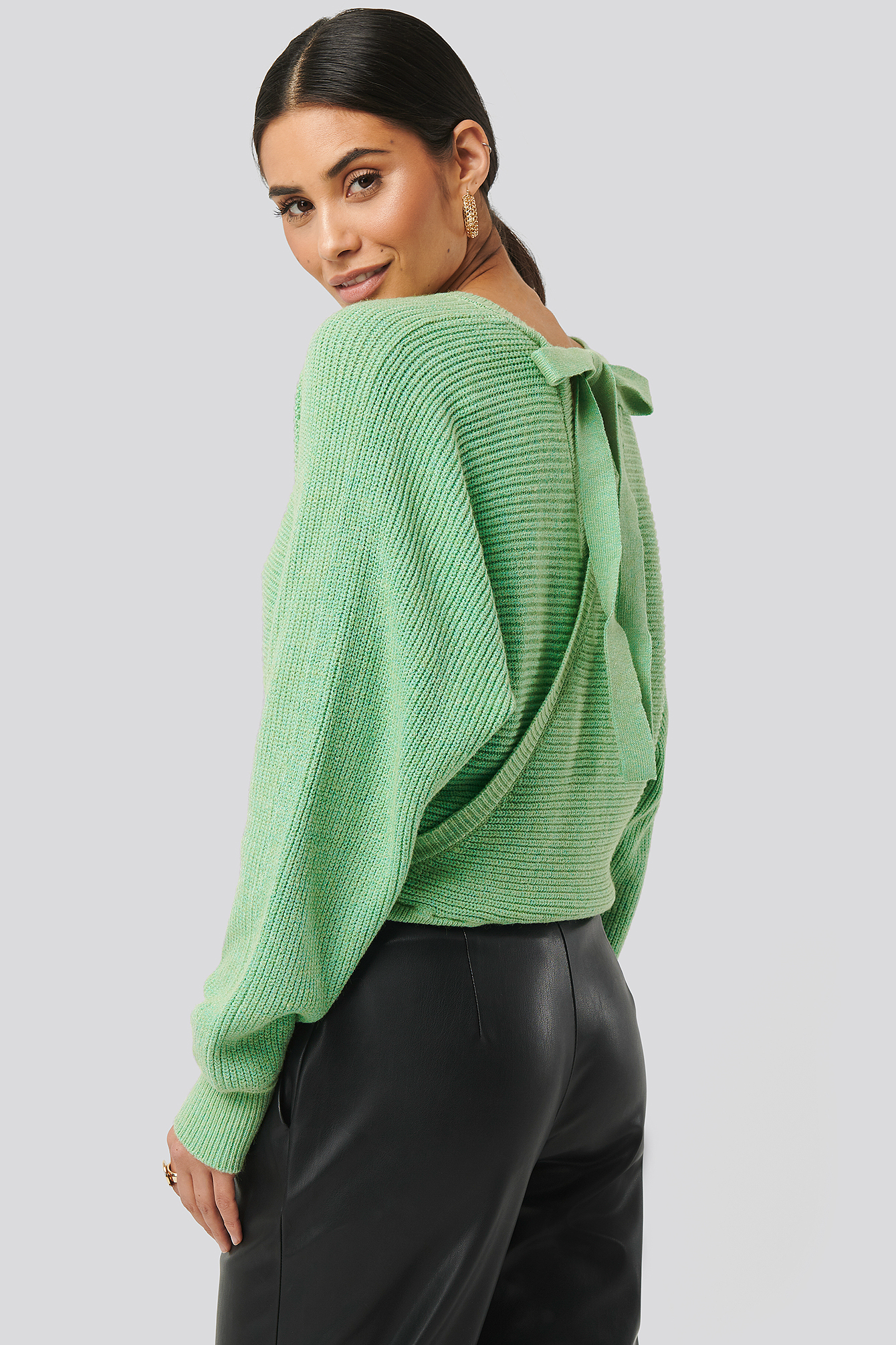 Green Overlap Knitted Tie Detail Sweater