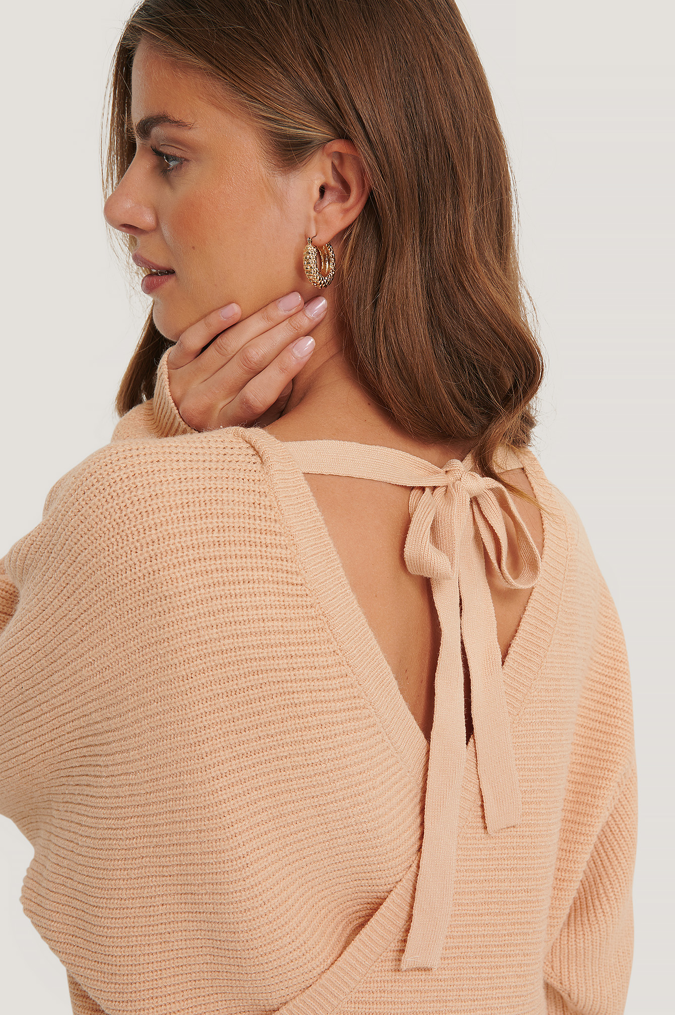 Dusty Pink Overlap Knitted Tie Detail Sweater