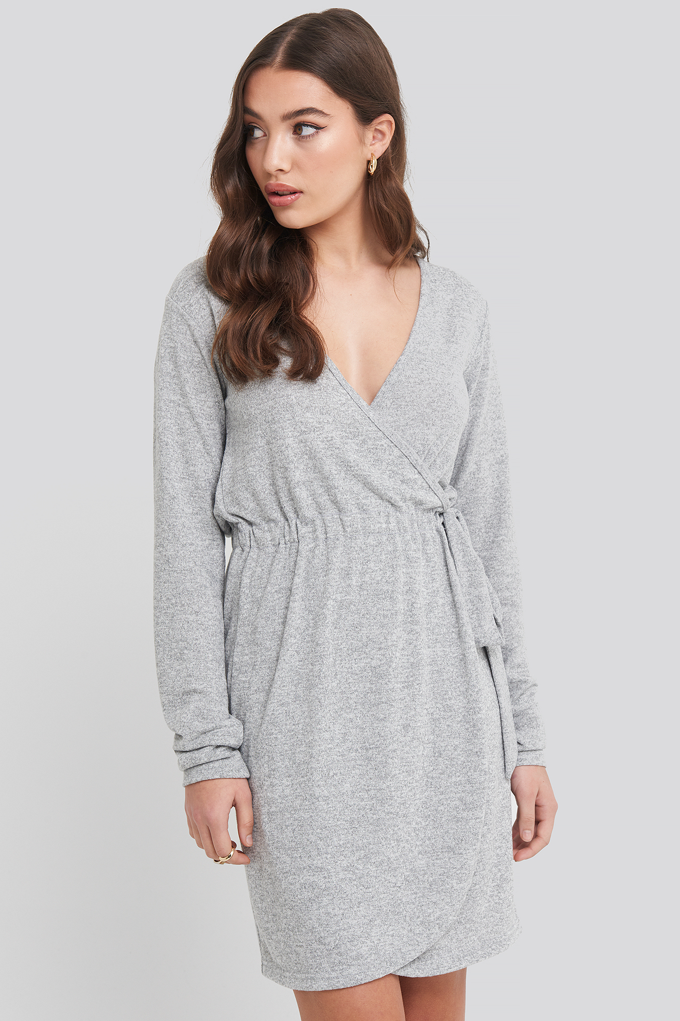 Grey Melange Overlap Light Knitted Dress