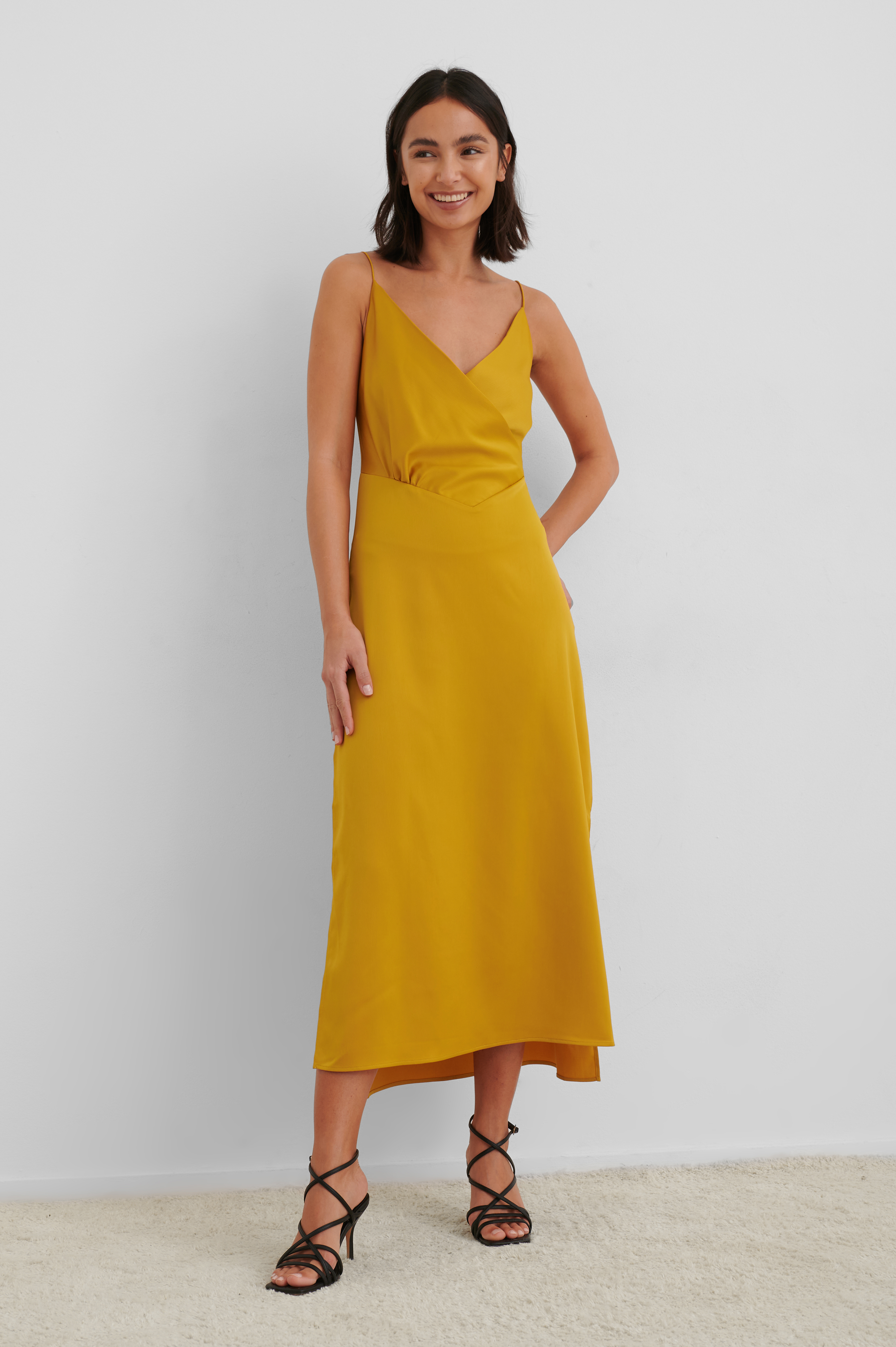 Yellow Overlap Satin Slip Dress