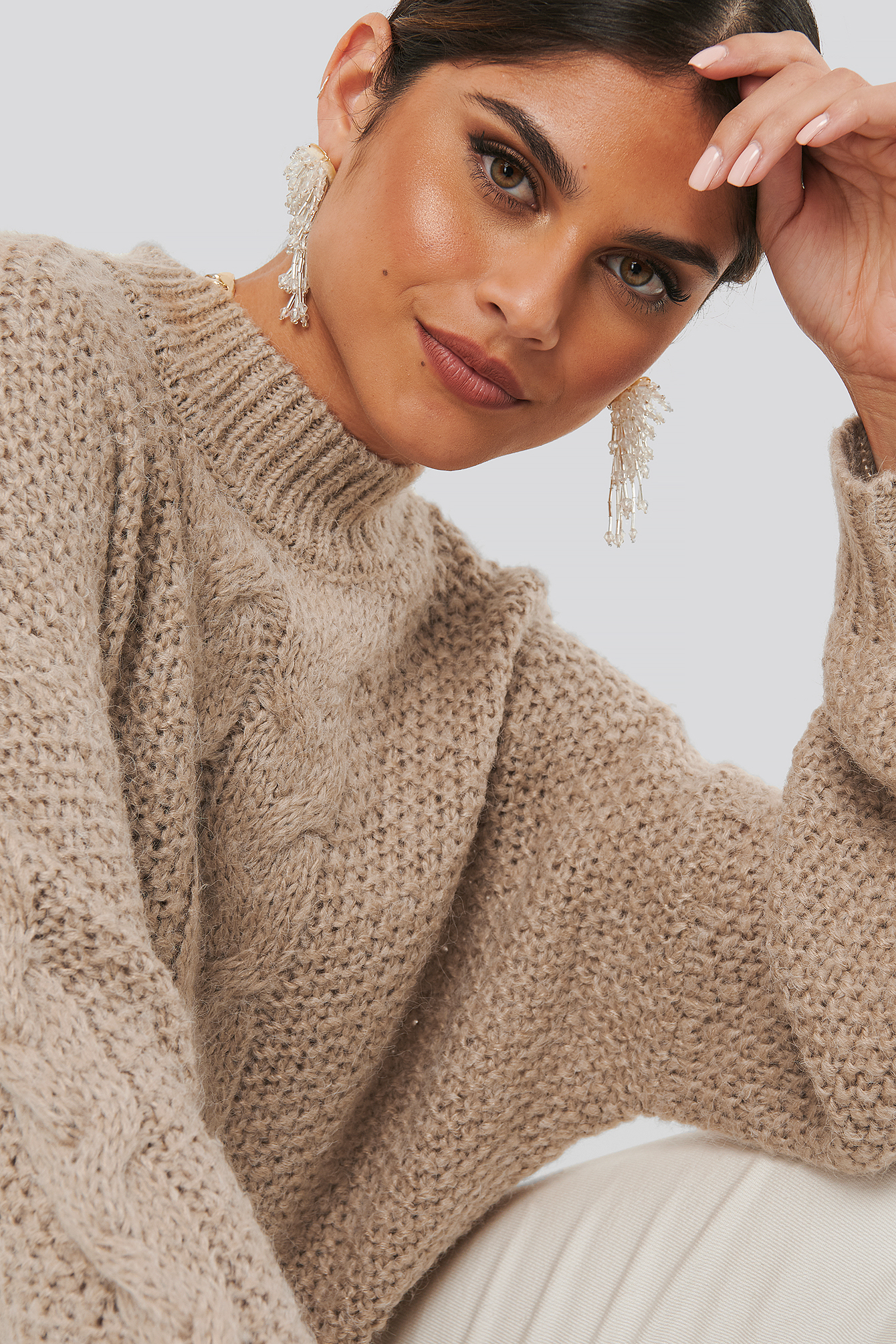 Light Beige Oversized Cable Knitted Sweater