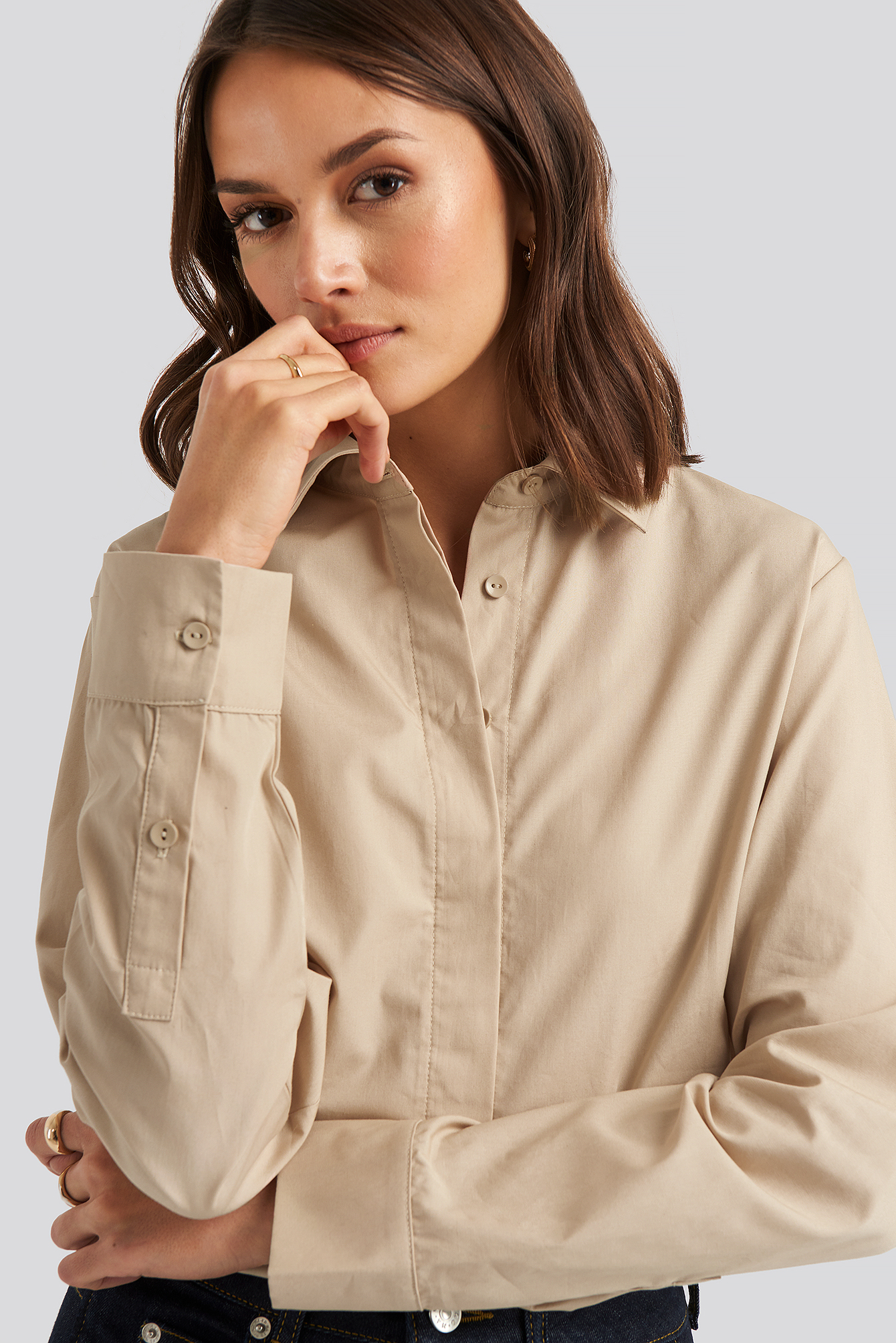 Beige NA-KD Classic Oversized Concealed Button Shirt