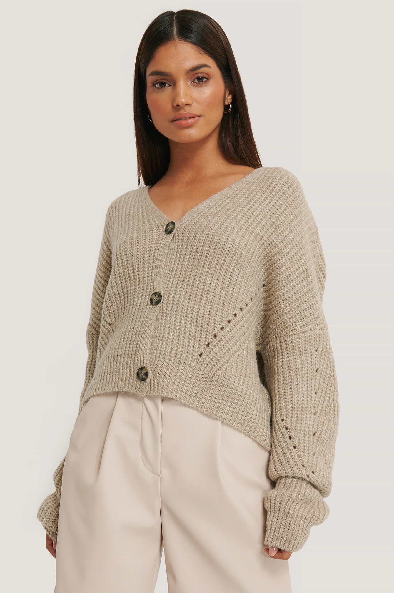 Beige Cardigan Court Surdimensionné