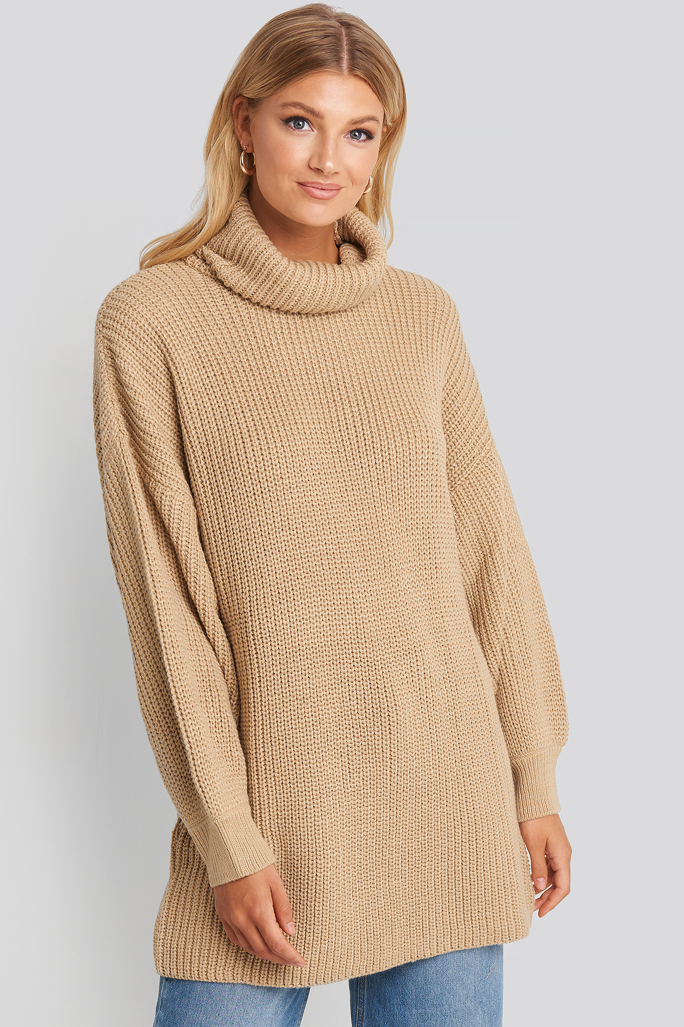 Light Beige Oversized High Neck Long Knitted sweater