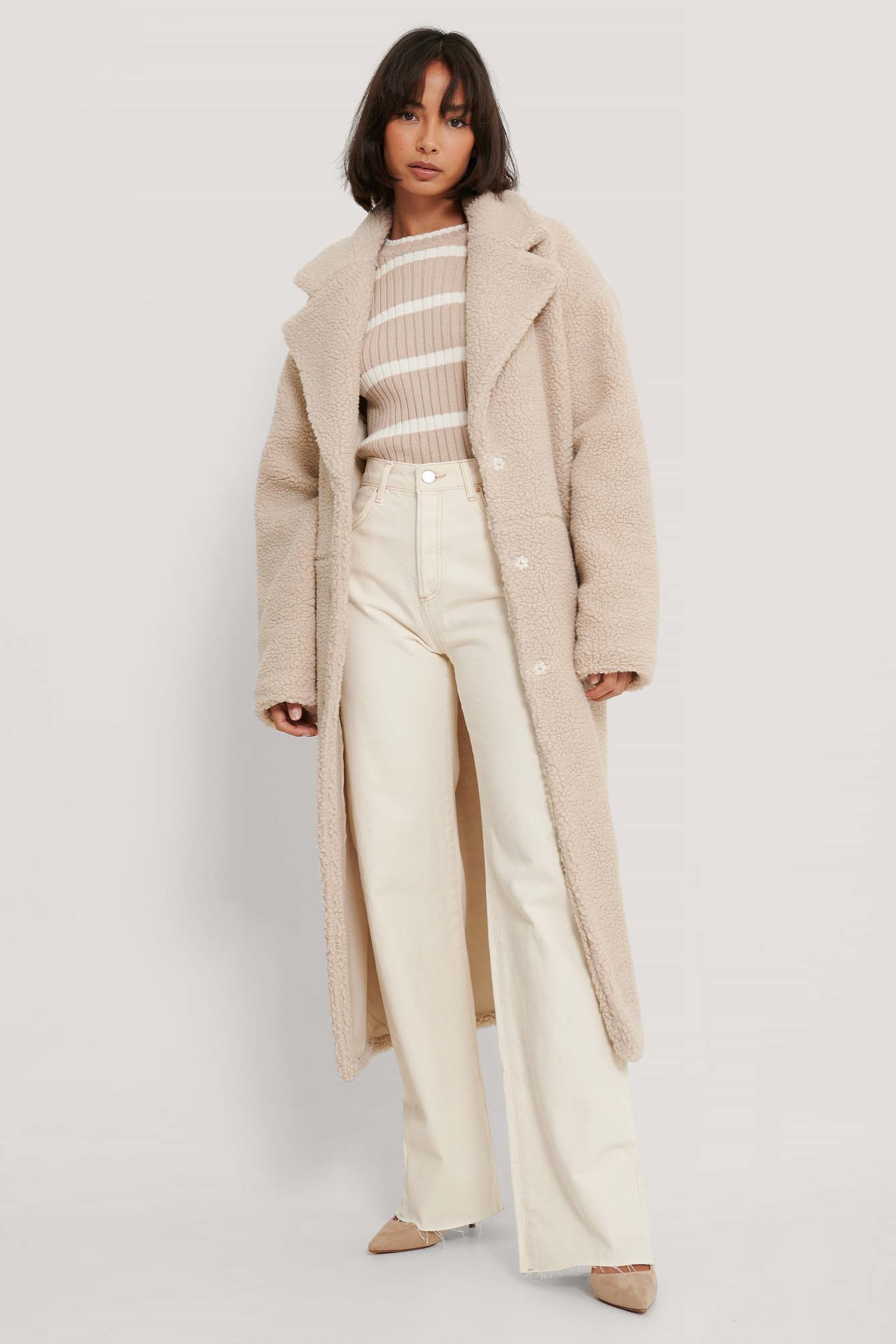 Light Beige Manteau Long En Peluche