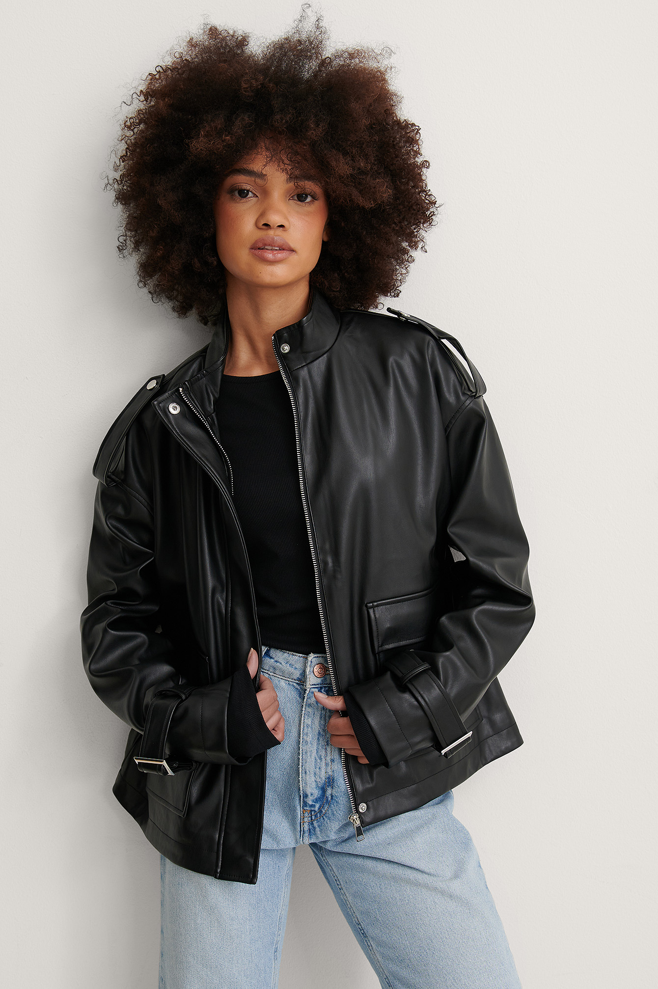 Black Veste Surdimensionnée En Faux Cuir