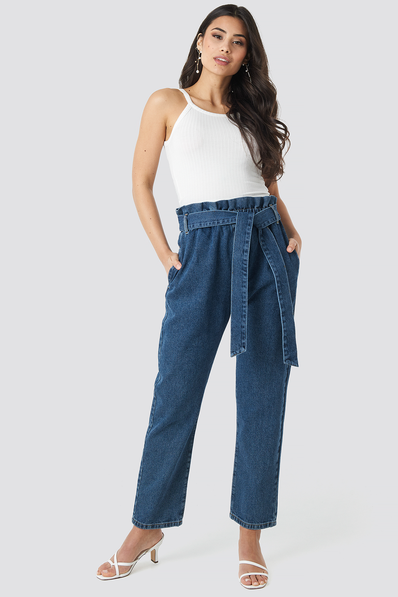 Mid Blue Paper Bag Waist Mom Jeans