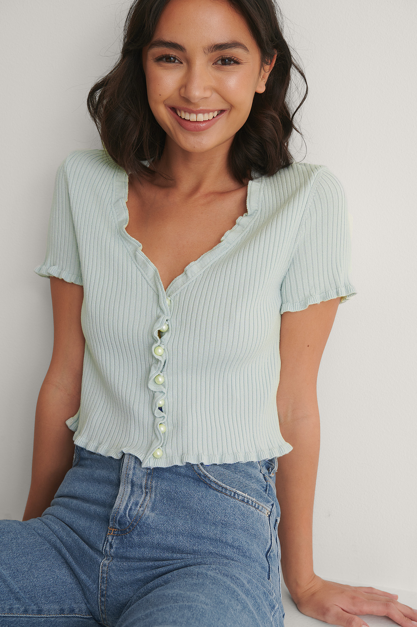 Light Blue Cardigan À Manches Courtes En Maille Avec Perles