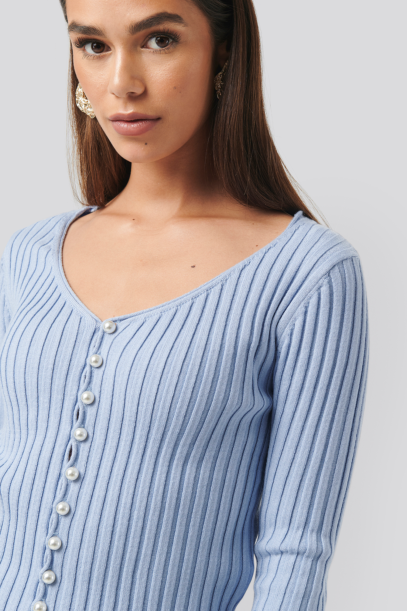 Light Blue NA-KD Trend Pearl Detailed Knitted Cardigan