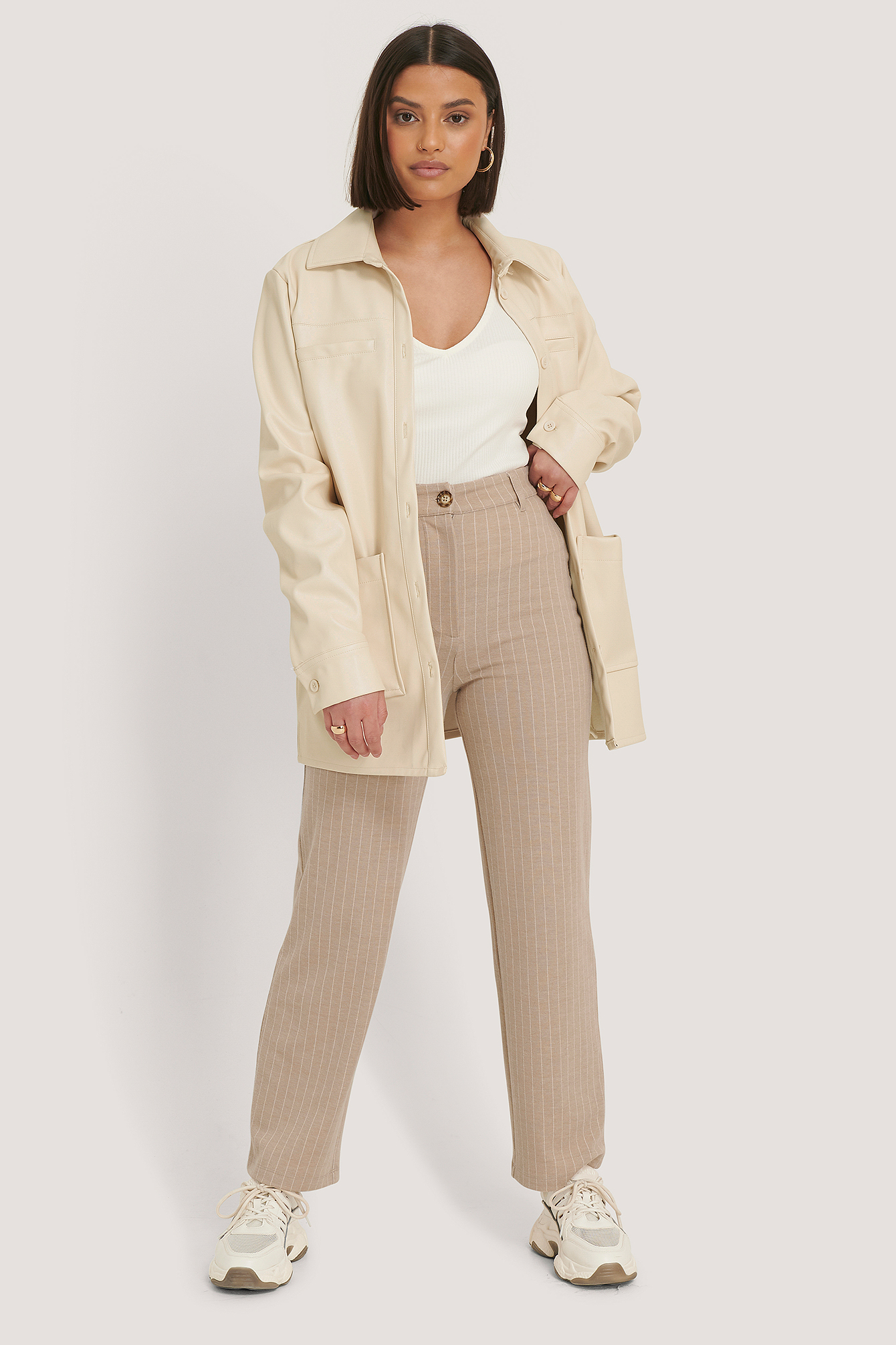 Beige Pantalon Fines Rayures