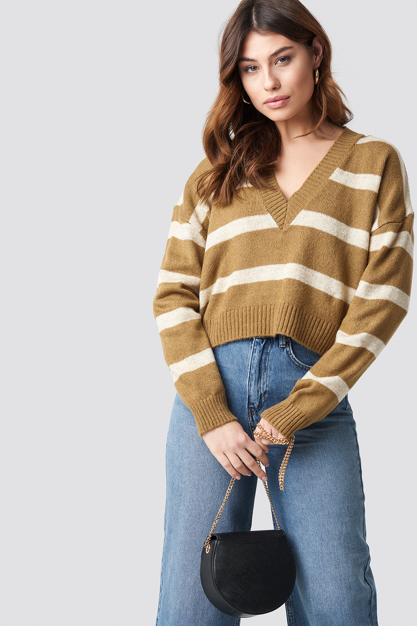 Beige Pinstriped V-neck Knitted Sweater