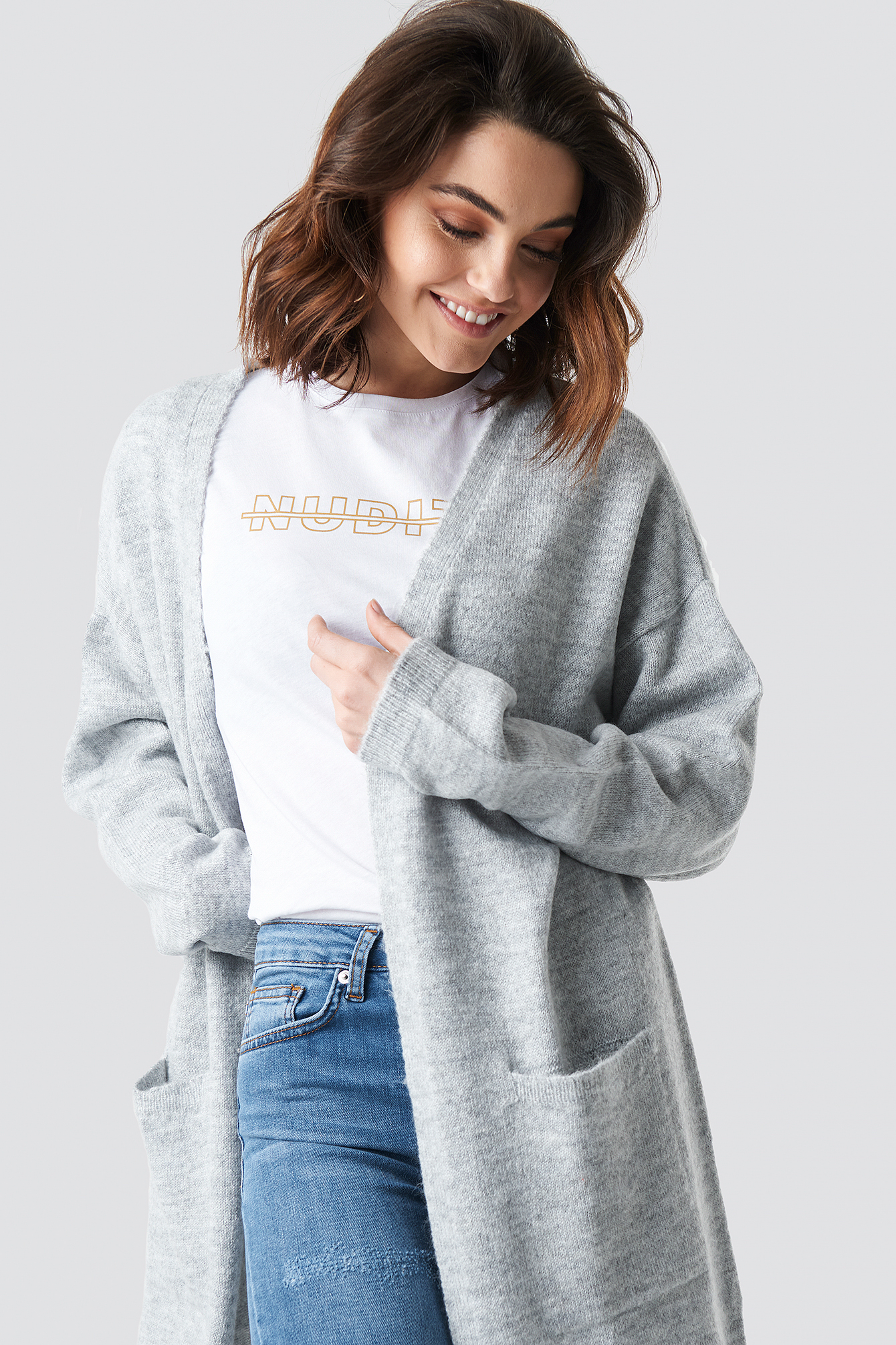 Plain Knitted Midi Cardigan Gris | na-kd.fr