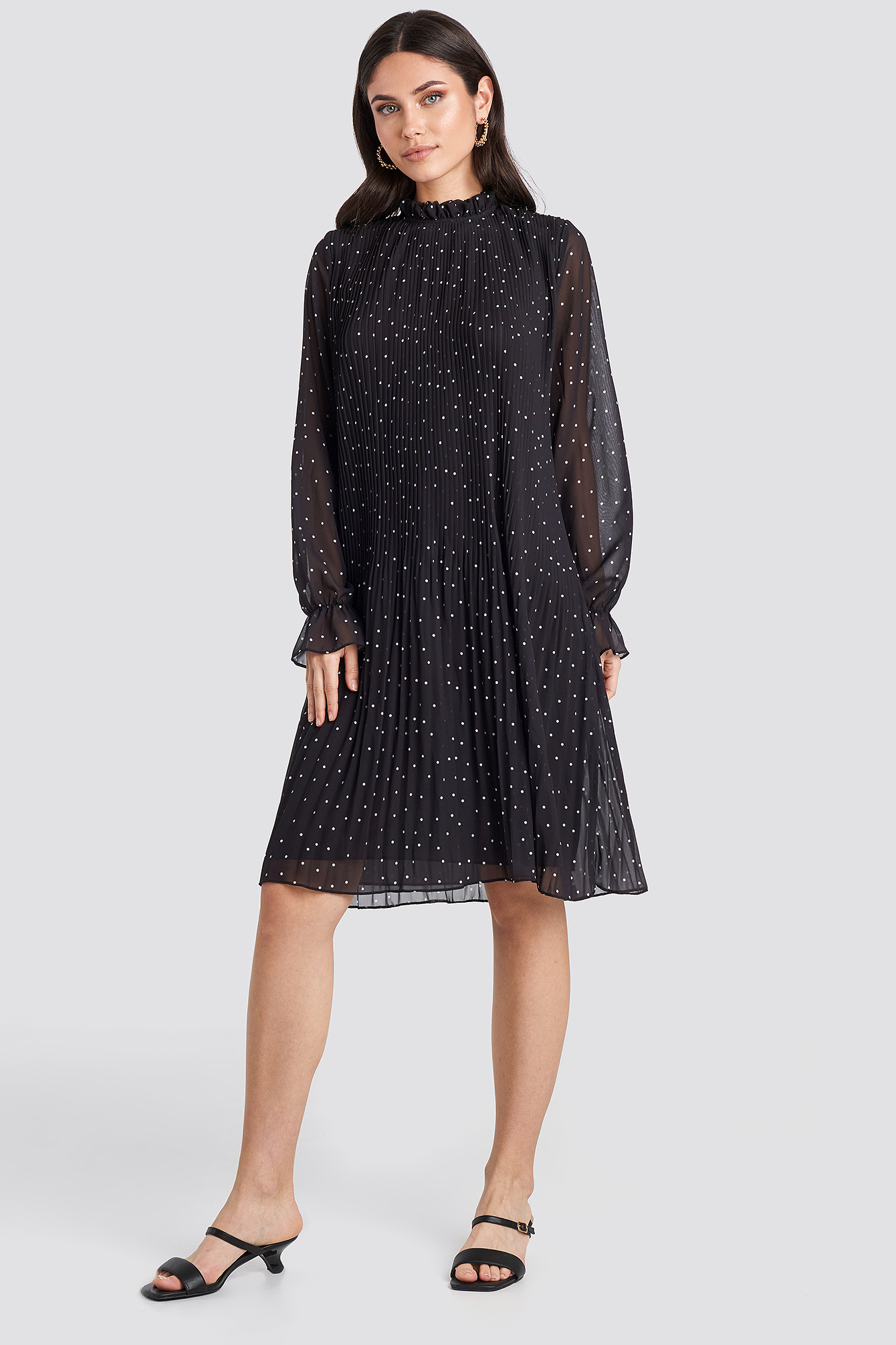 Black Pleated Dotted Dress