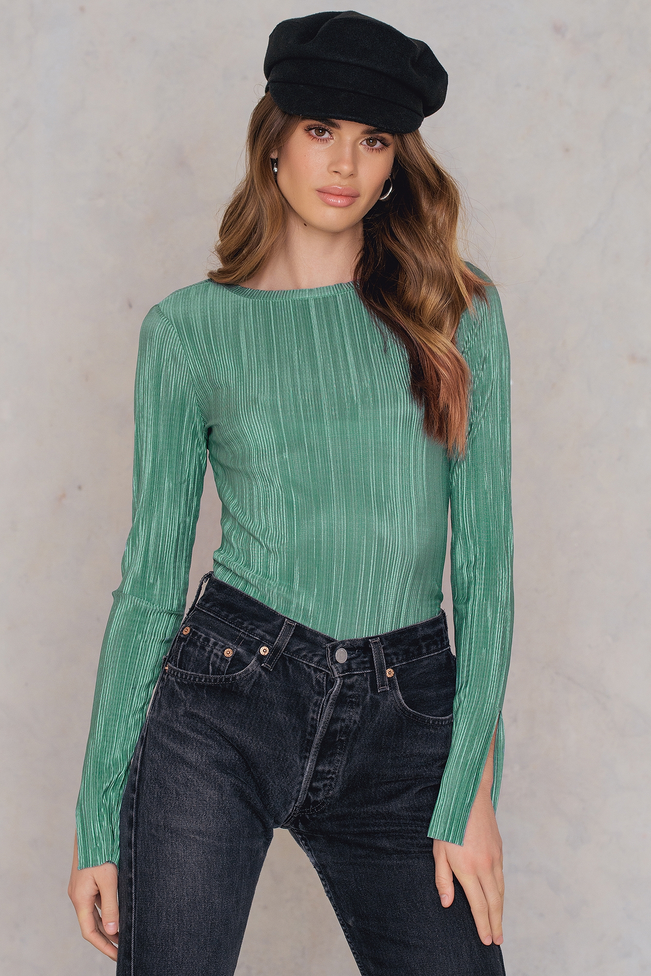 Duck Green NA-KD Party Pleated Sleeve Slit Top