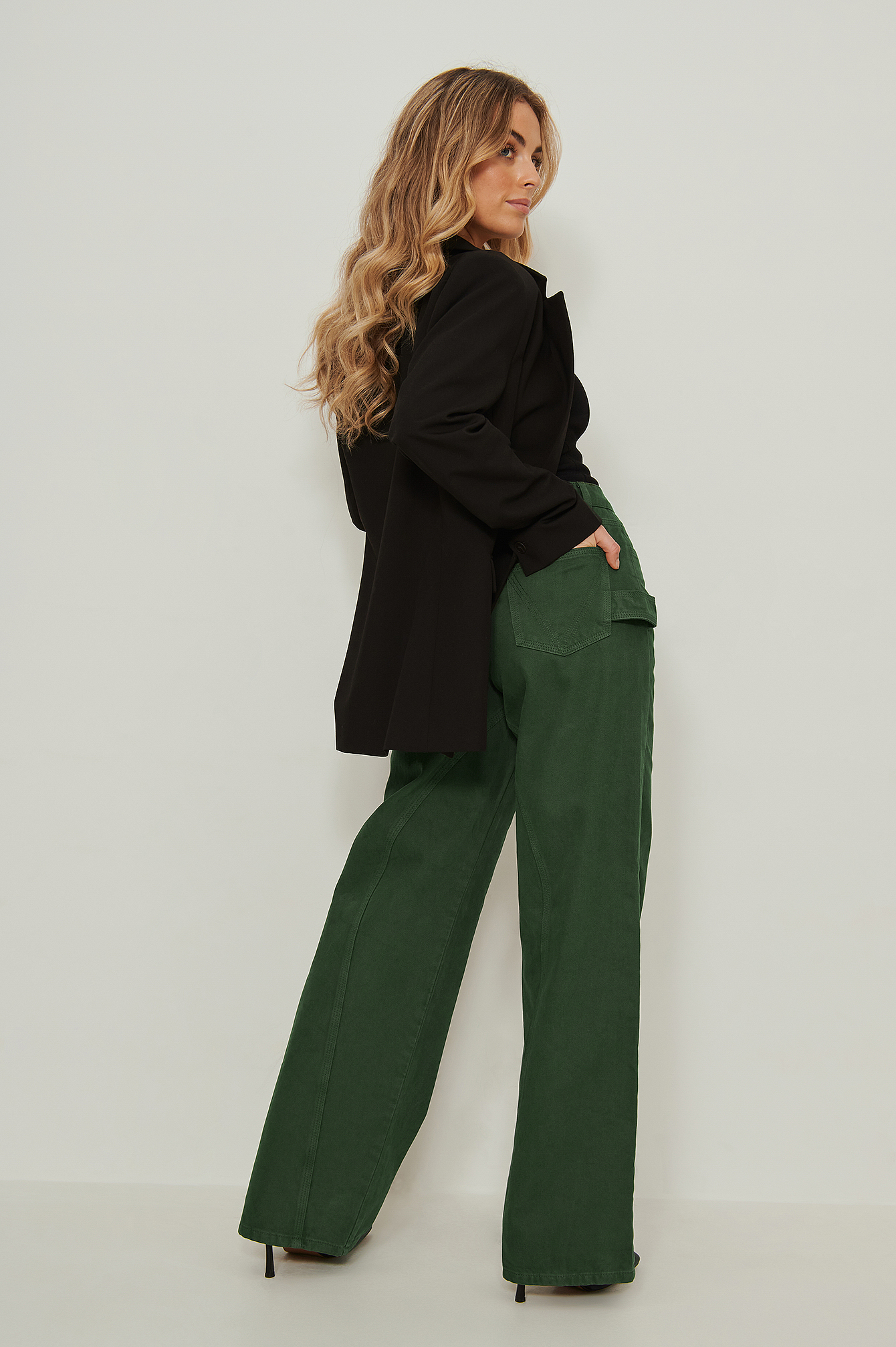 Jean jambe large taille haute à poche Vert