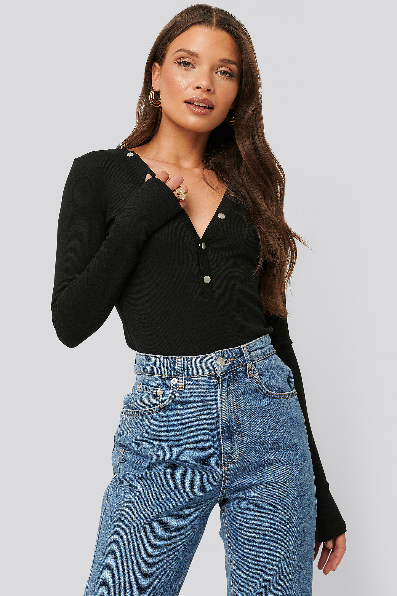 Black Haut Côtelé À Boutons-Pression