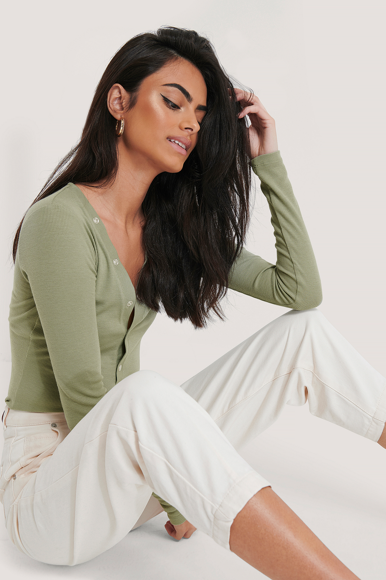 Green Haut Côtelé À Boutons-Pression