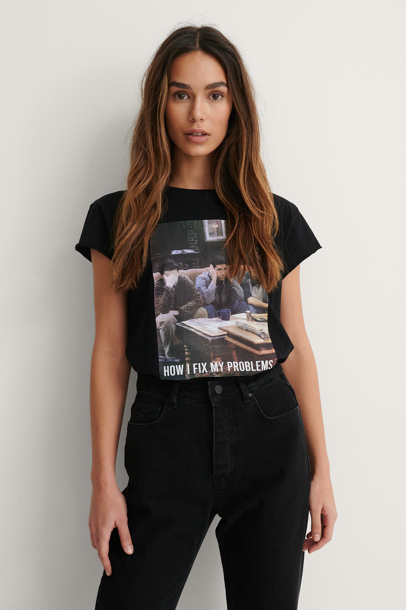 Black Print Fix Problems FRIENDS Print Raw Edge Tee