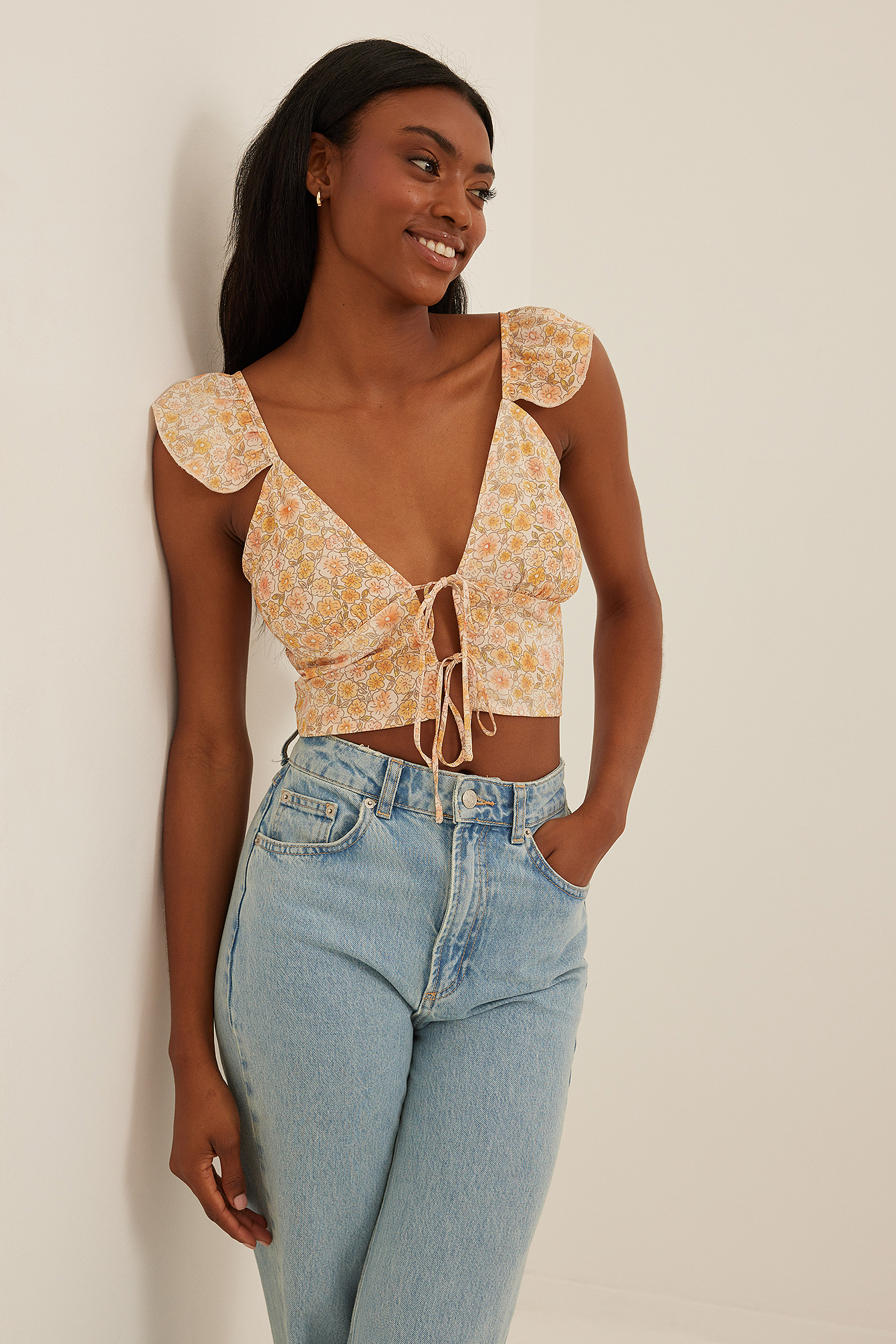 Flower Light Yellow Print Printed Butterfly Sleeve Top