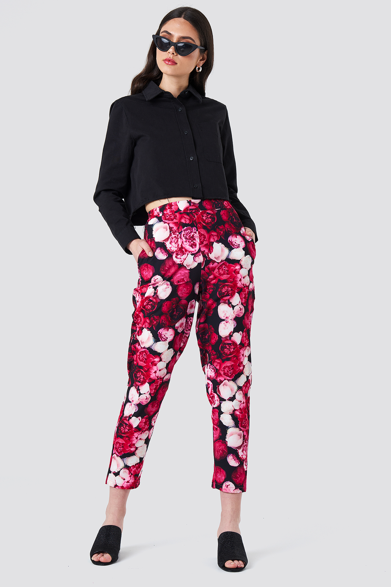 Pink Flower Printed Straight Pants