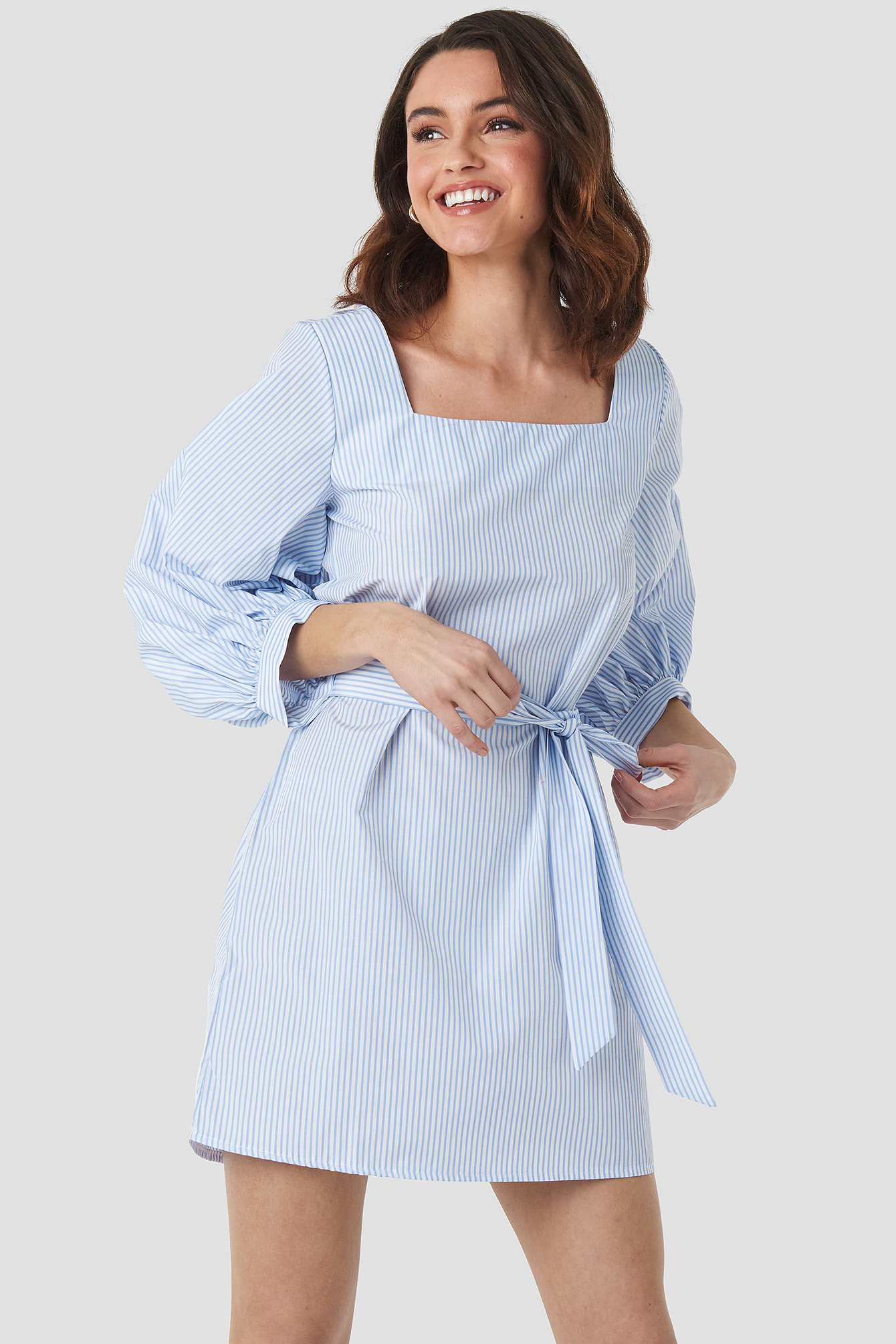 White/Blue NA-KD Trend Puff Sleeve Square Neck Tie Dress
