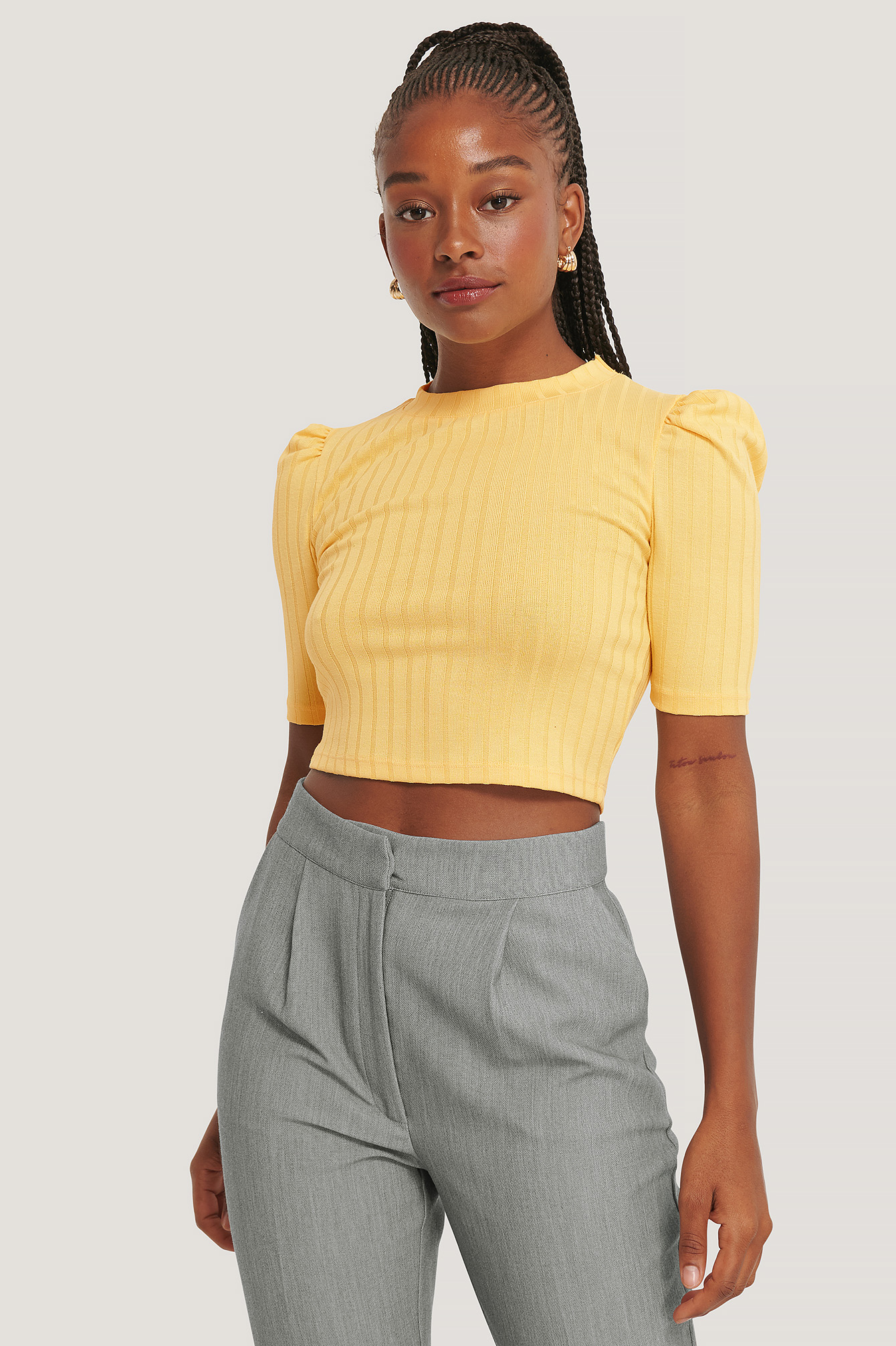 Dusty Yellow Puff Sleeve Cropped Ribbed Top