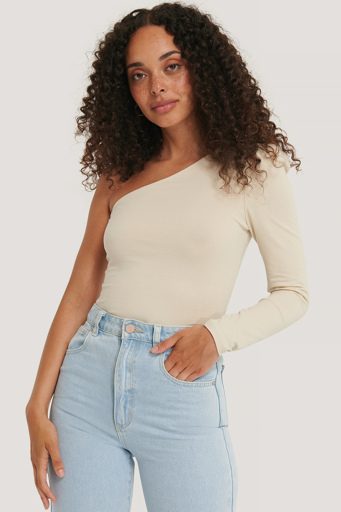 Dusty Light Beige Puff Sleeve One Shoulder Top