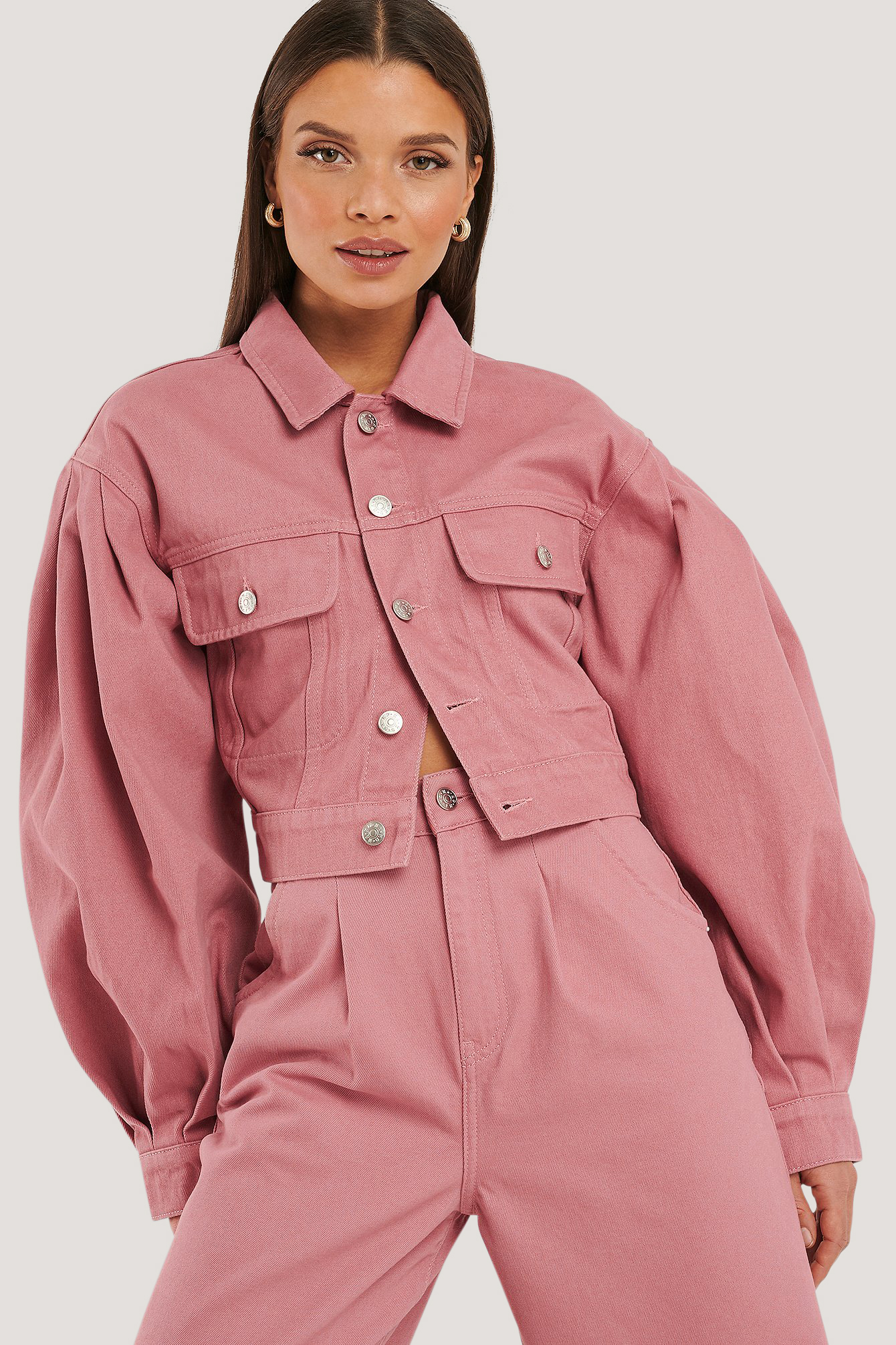 Dusty Rose Puff Sleeve Oversized Denim Jacket