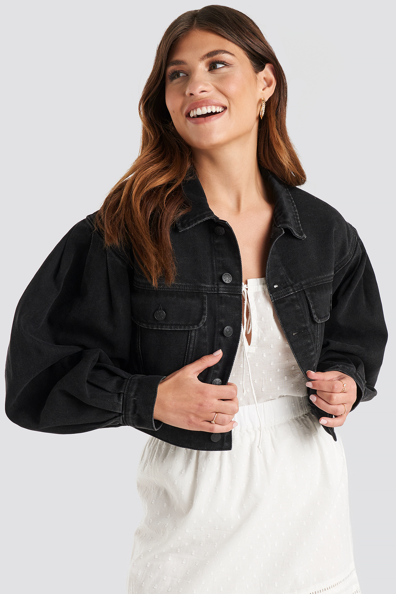 Puff Sleeve Oversized Denim Jacket Noir nakd.fr