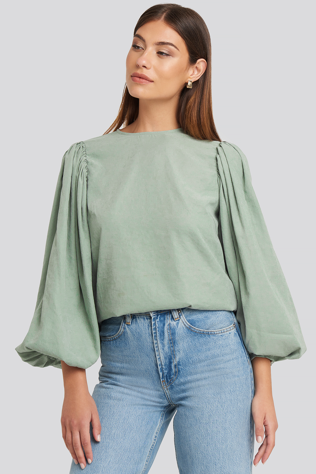 Dusty Green Puff Sleeve Round Neck Top