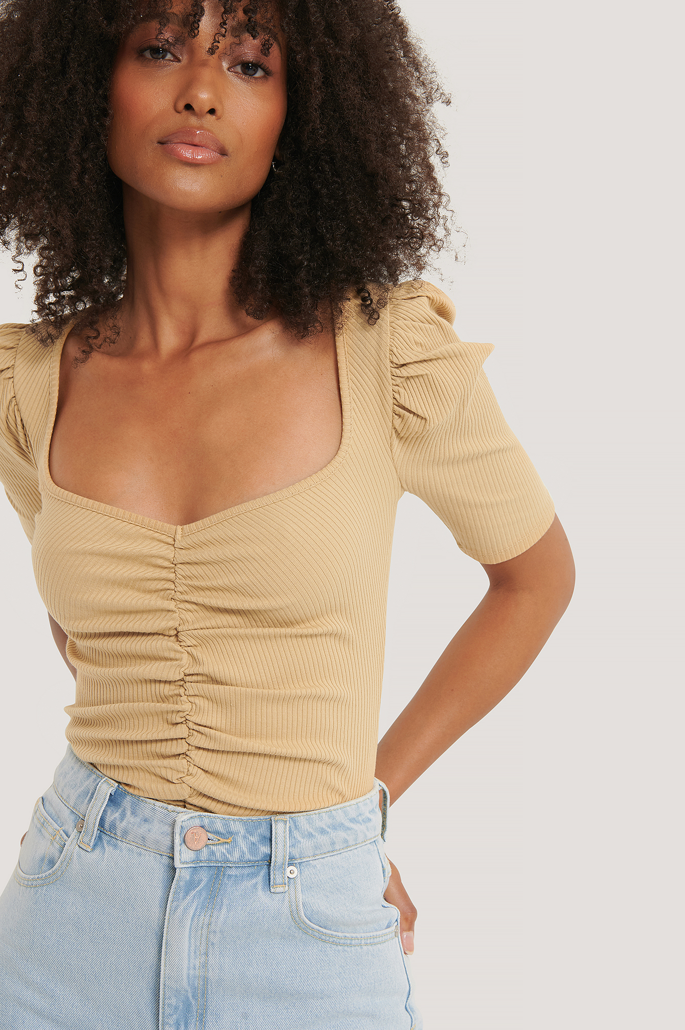 Light Beige Puff Sleeve Ruched Top