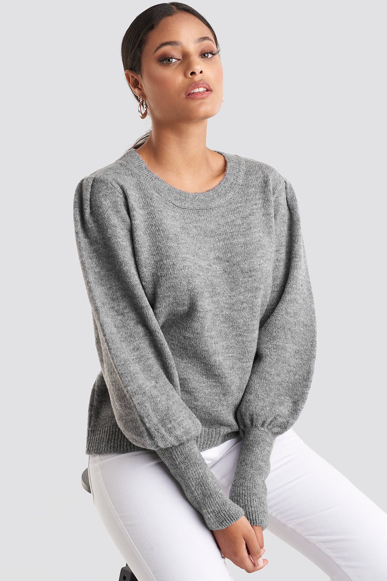 Grey NA-KD Puff Sleeve Wide Rib Knitted Sweater