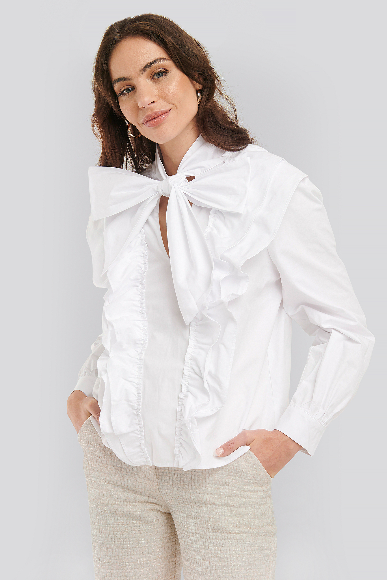 Optical White Pussy Bow Frill Blouse