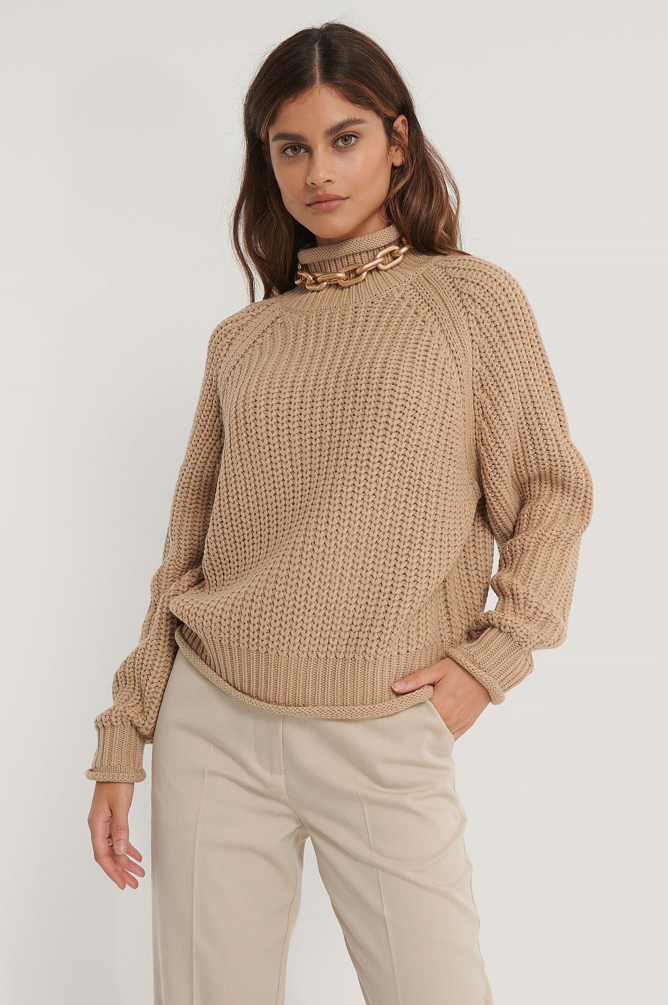Beige Pull En Tricot À Manches Raglan