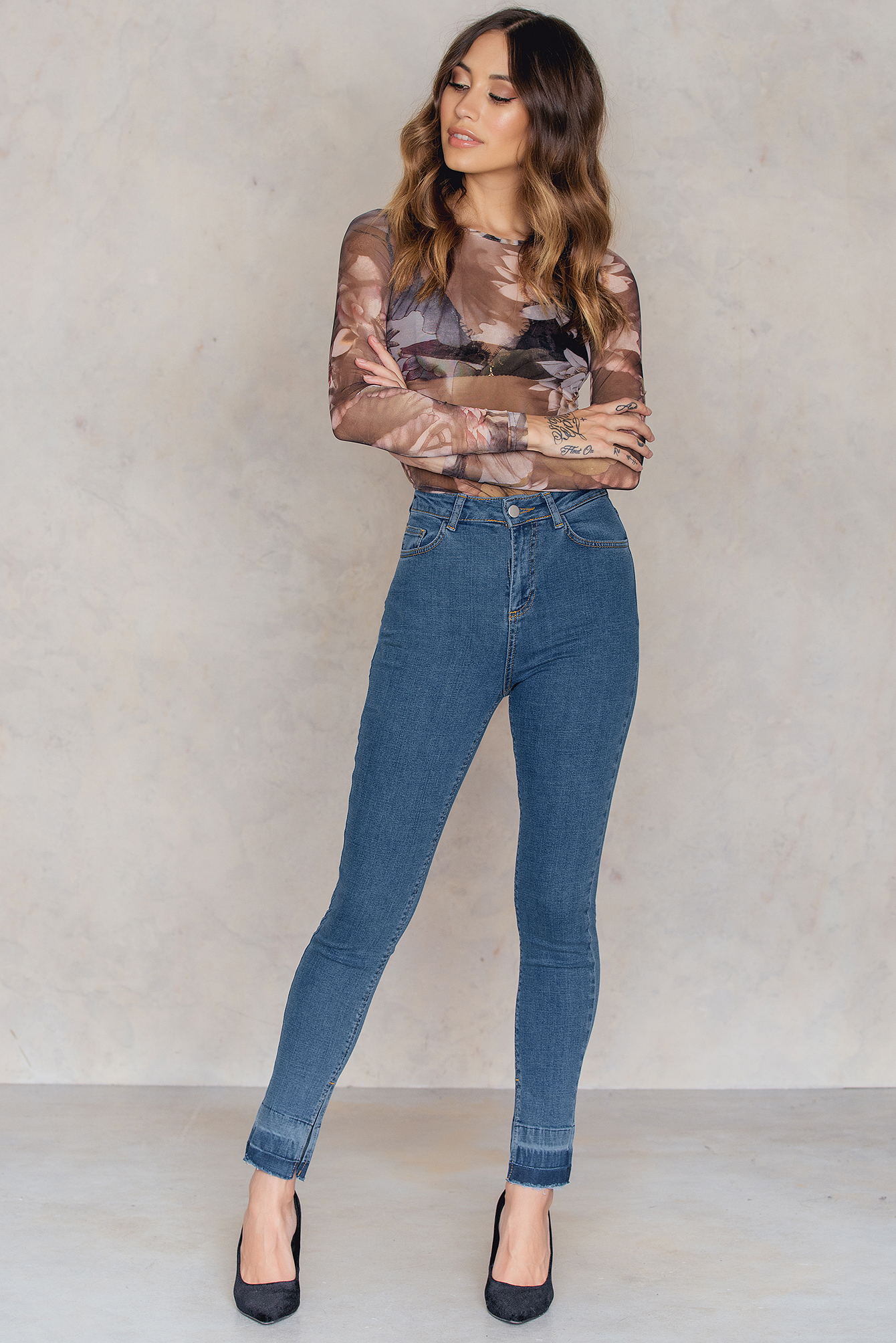 Mid Blue Raw Hem Slit Jeans