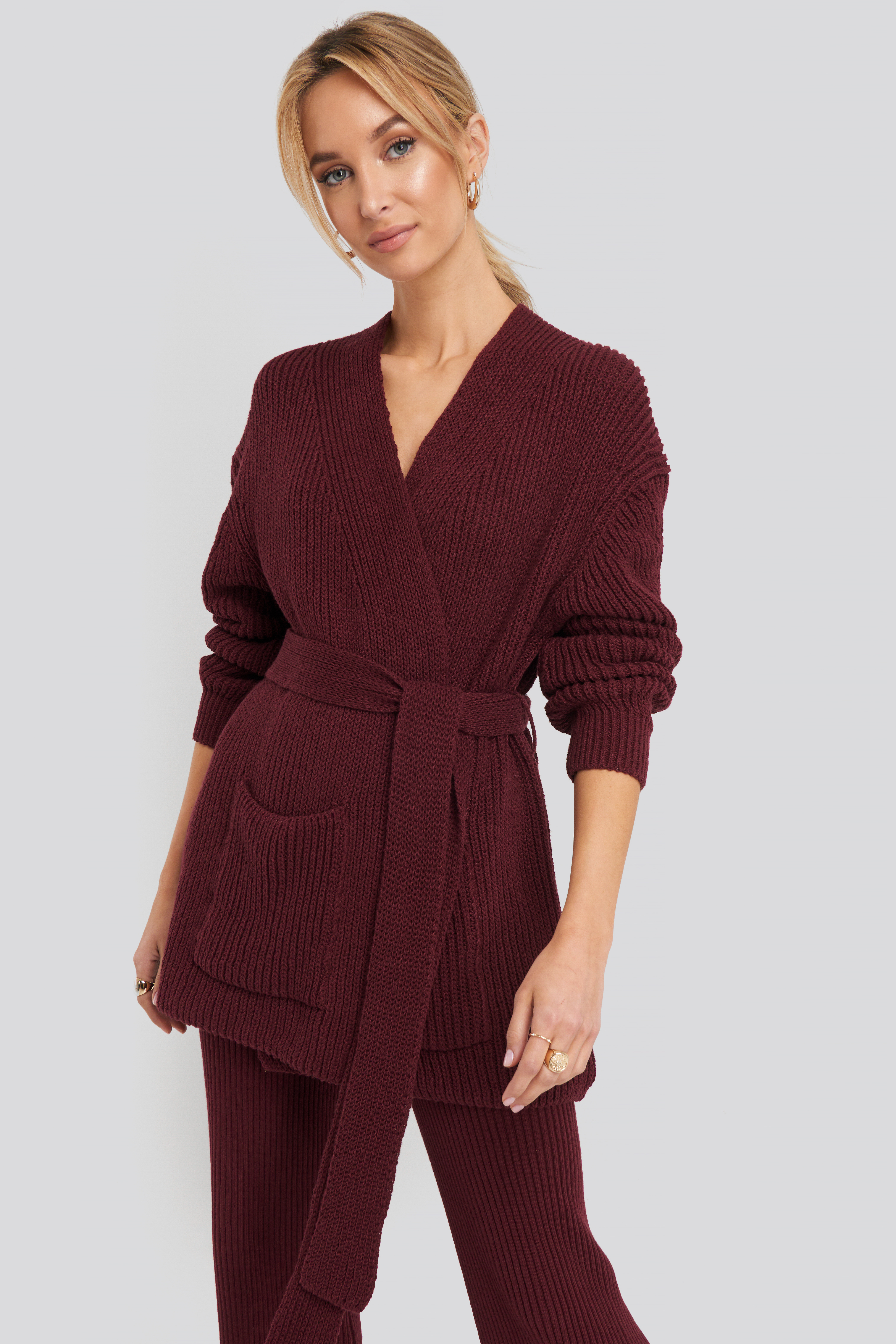 Burgundy NA-KD Recycled Belted Open Ribbed Cardigan