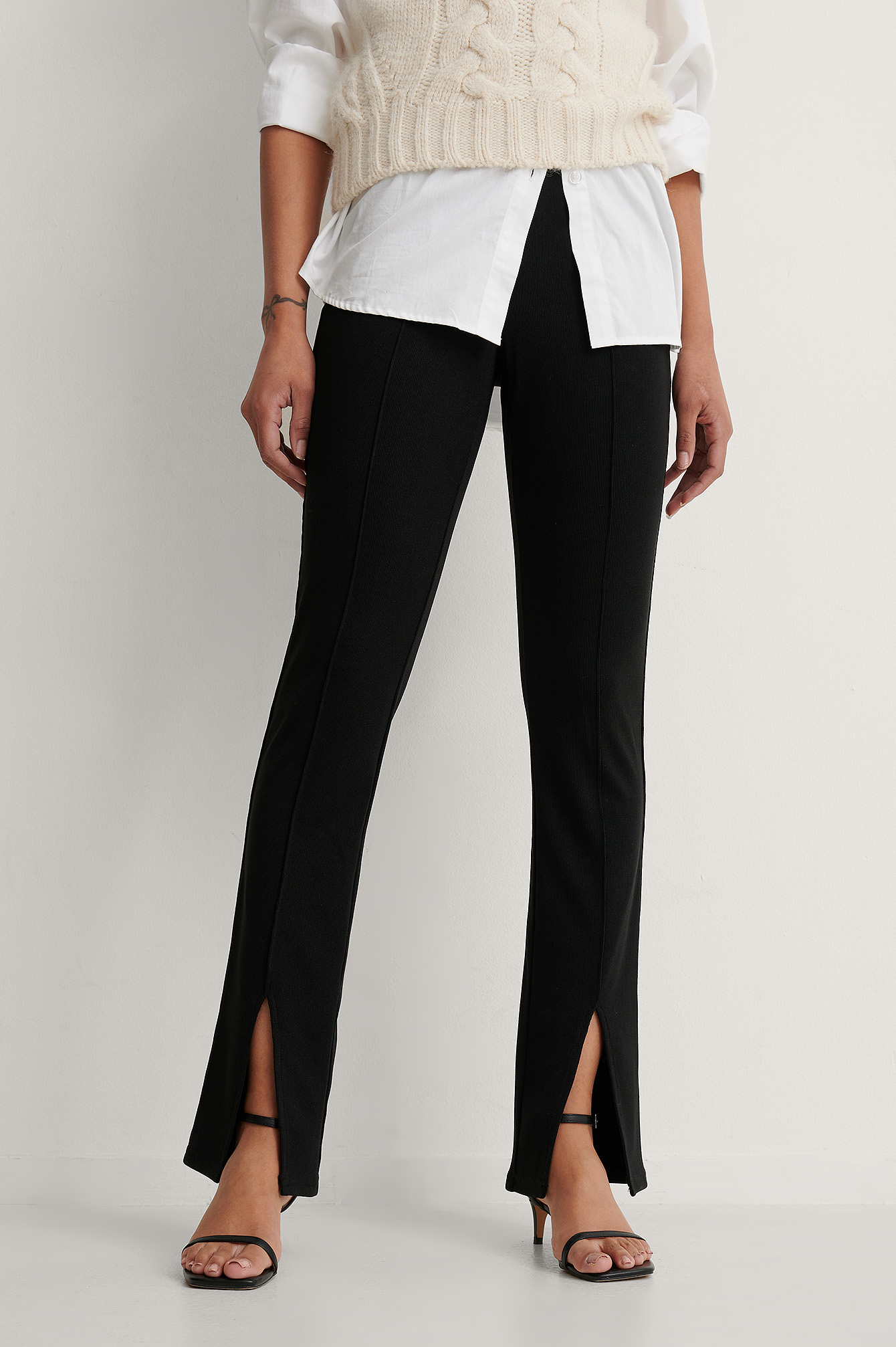 Black Pantalon Droit En Maille Côtelée