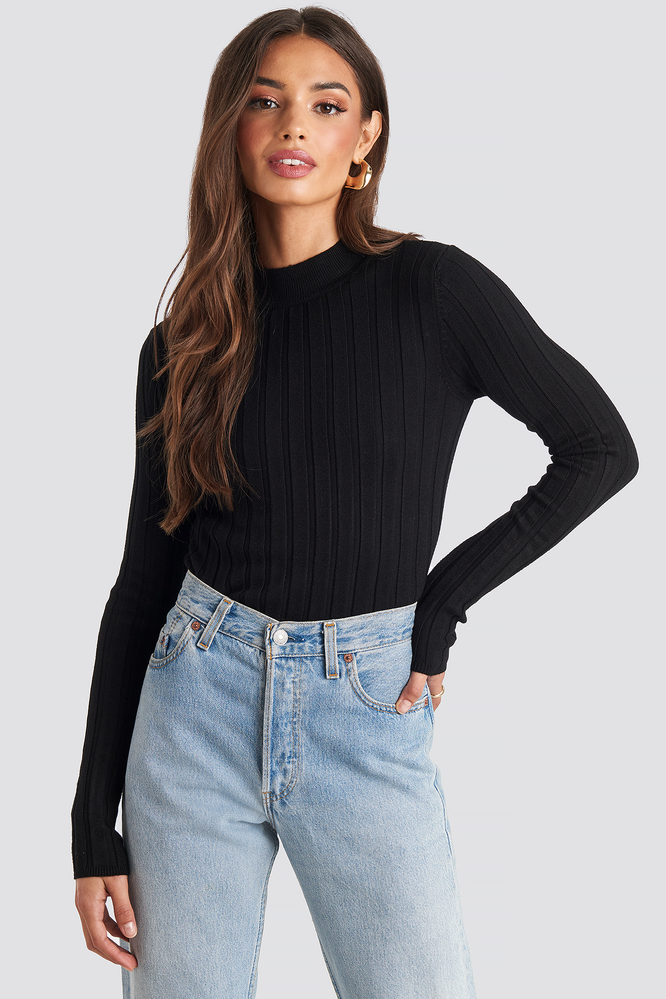 Black NA-KD Ribbed High Neck Knitted Sweater