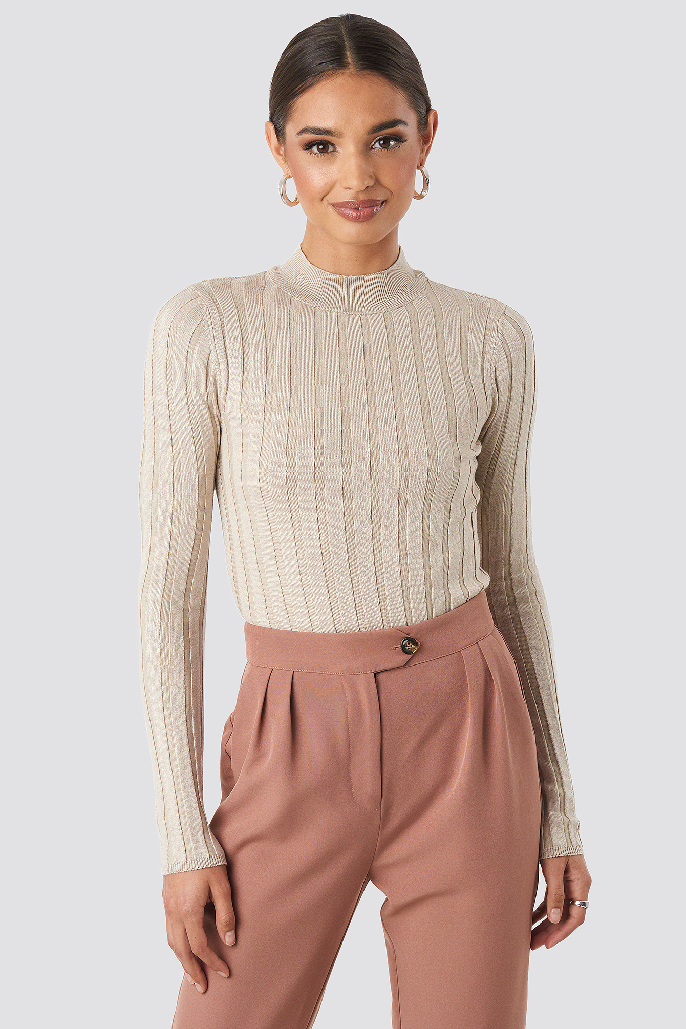 Ribbed High Neck Knitted Sweater Beige NAKD