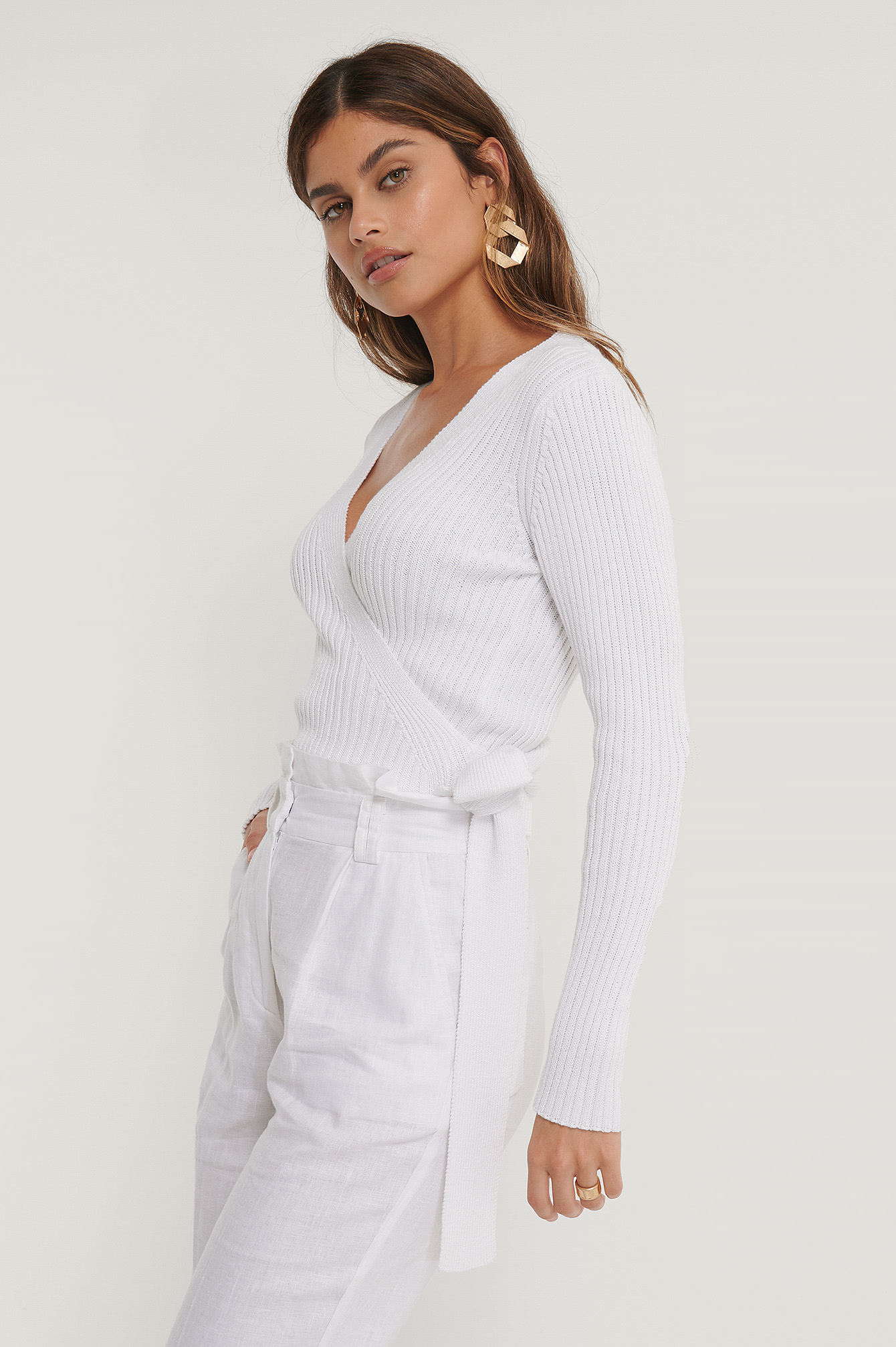 White Biologique Pull Cache-coeur En Maille Côtelée