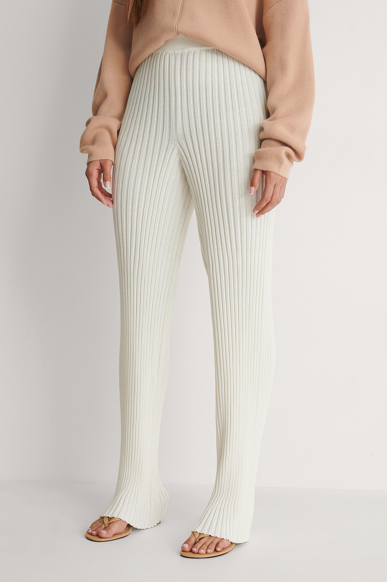 Light Beige Pantalon En Maille Côtelée