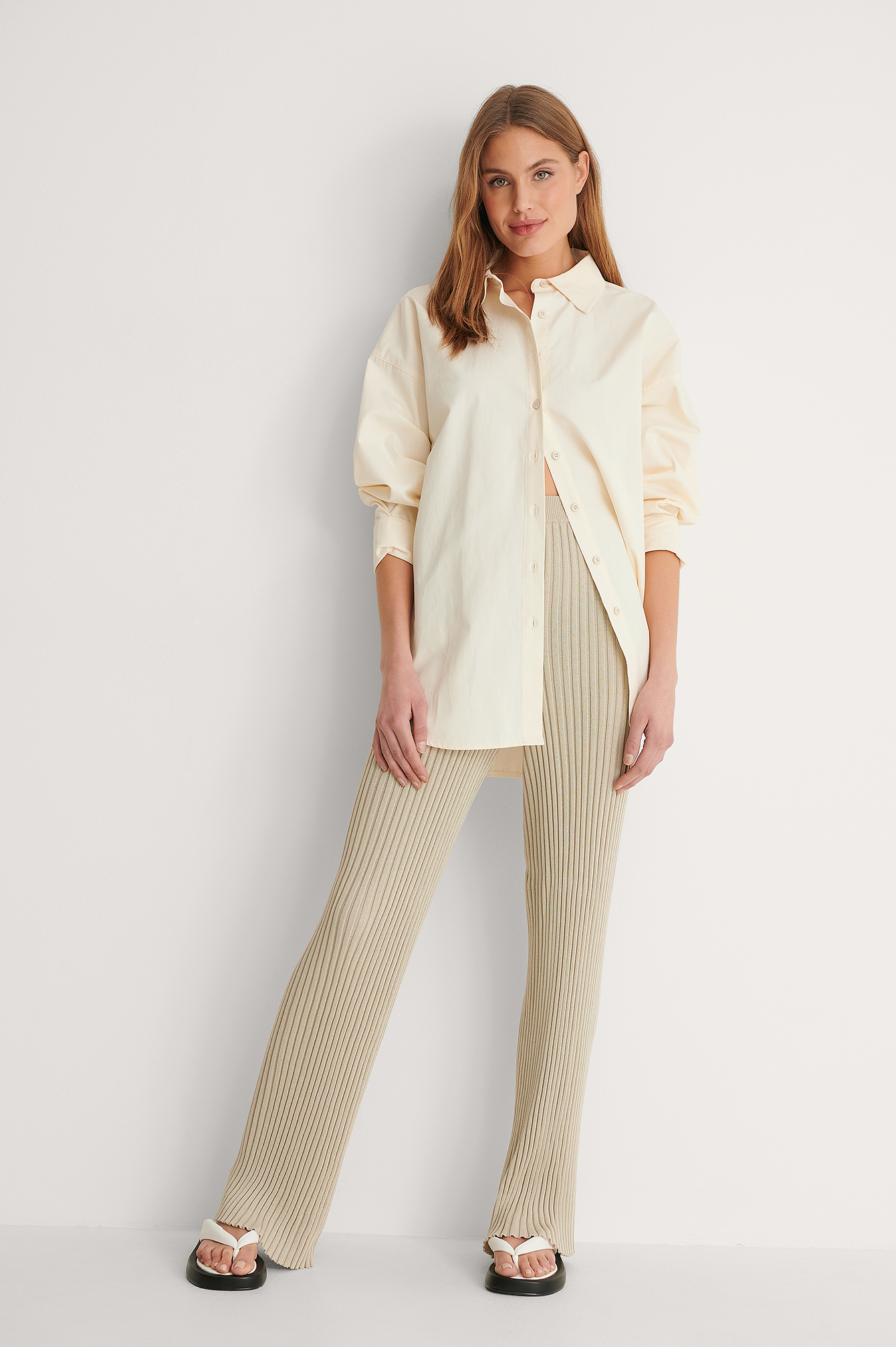 Light Khaki Pantalon En Maille Côtelée