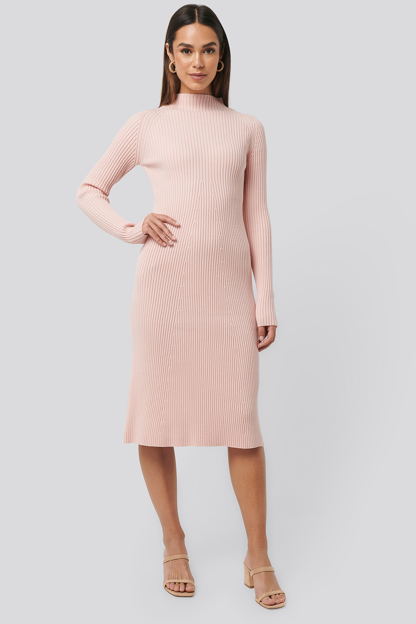 Light Pink Ribbed Knitted Polo Dress