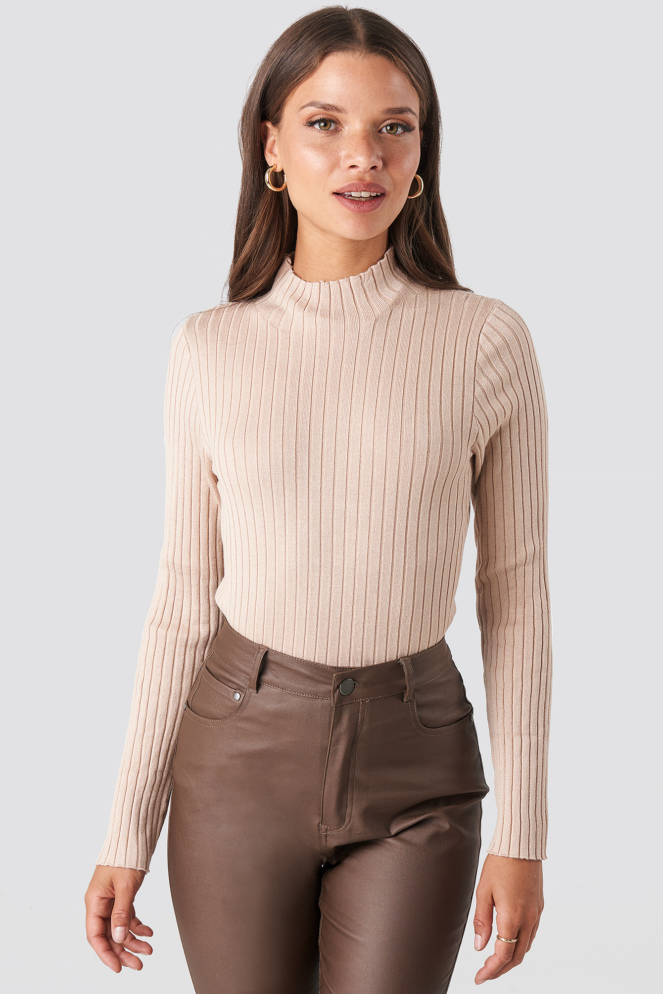 Light Beige NA-KD Ribbed Knitted Polo Sweater