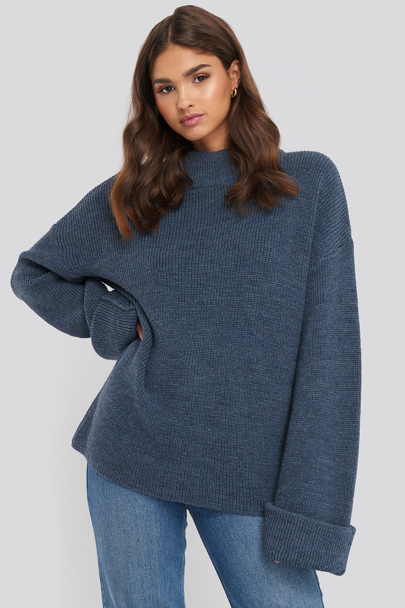 Blue Ribbed Knitted Turtleneck Sweater