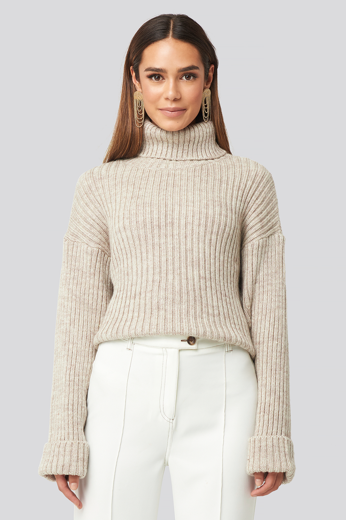 Ribbed Knitted Turtleneck Sweater Beige Na Kd Fr