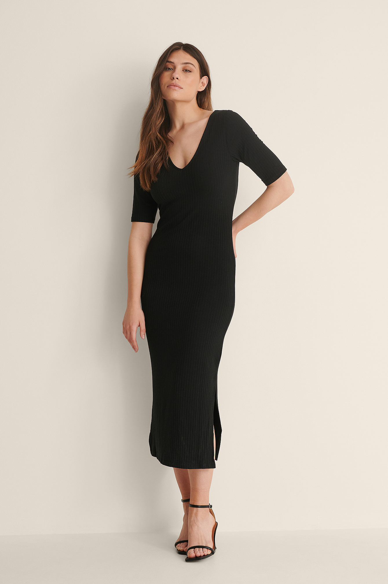 Black Ribbed V-Neck Jersey Midi Dress