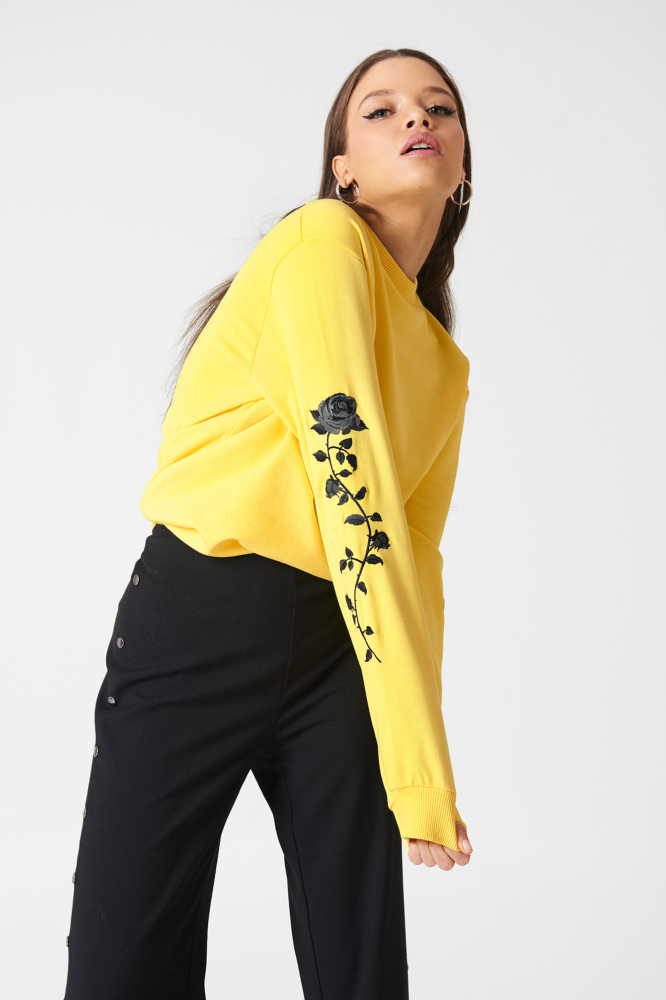 Light Yellow NA-KD Rose Embroidery Sleeve Sweater