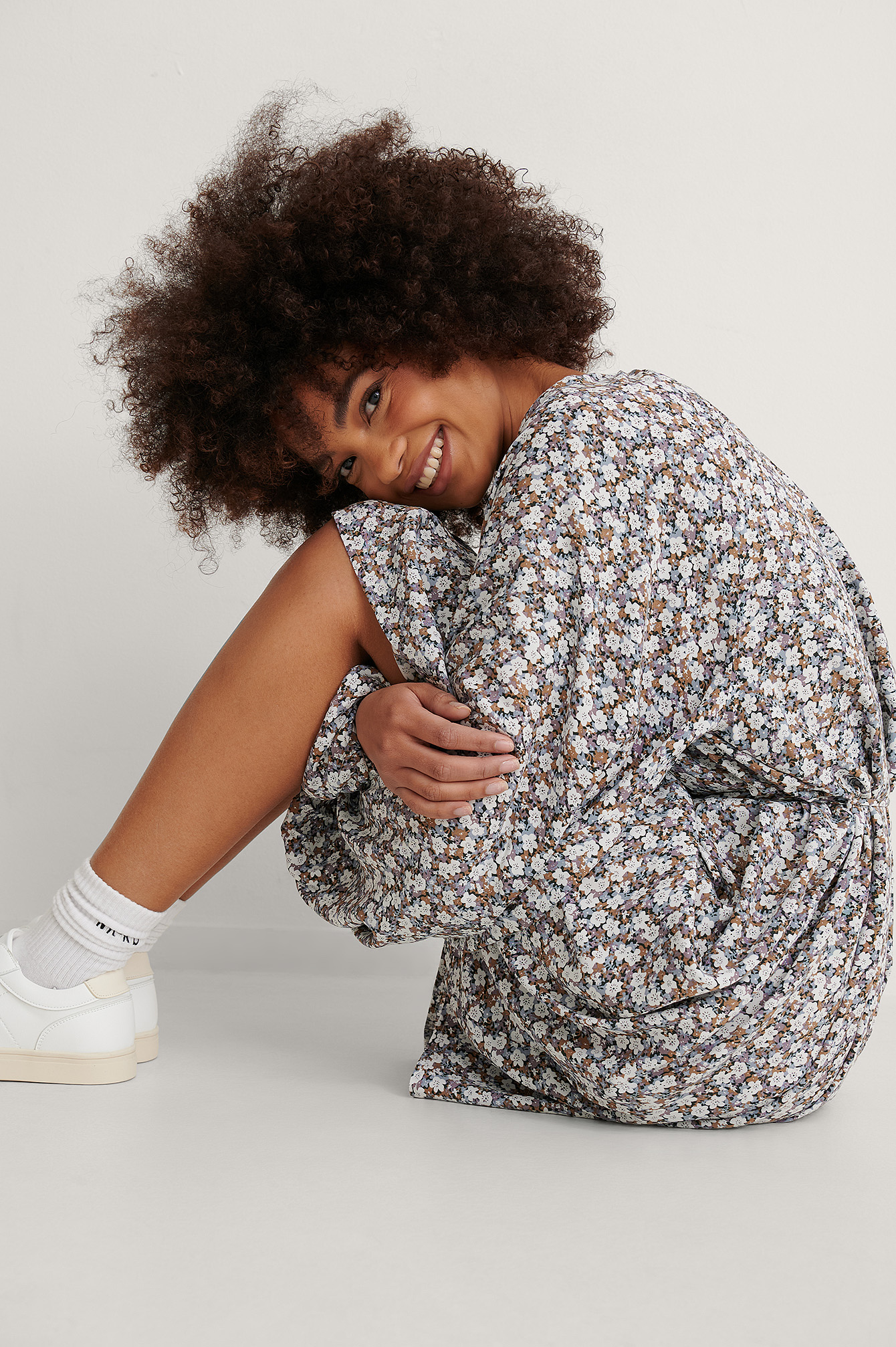 Blue Flower Print Robe Col Rond